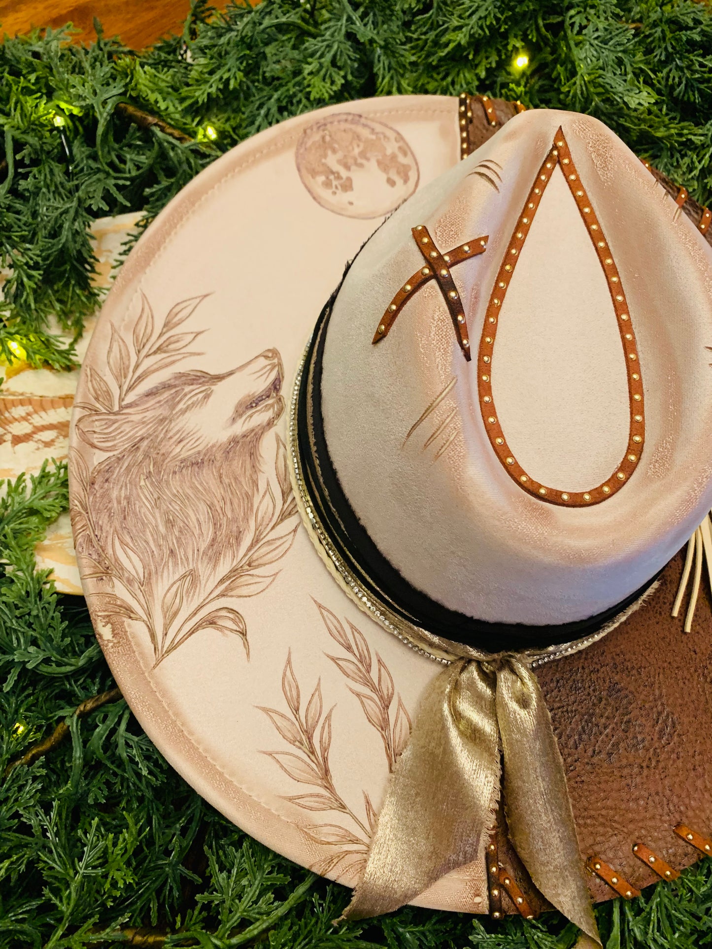 Hand Burned Rancher Hat with Wolf Howling in the Night Design