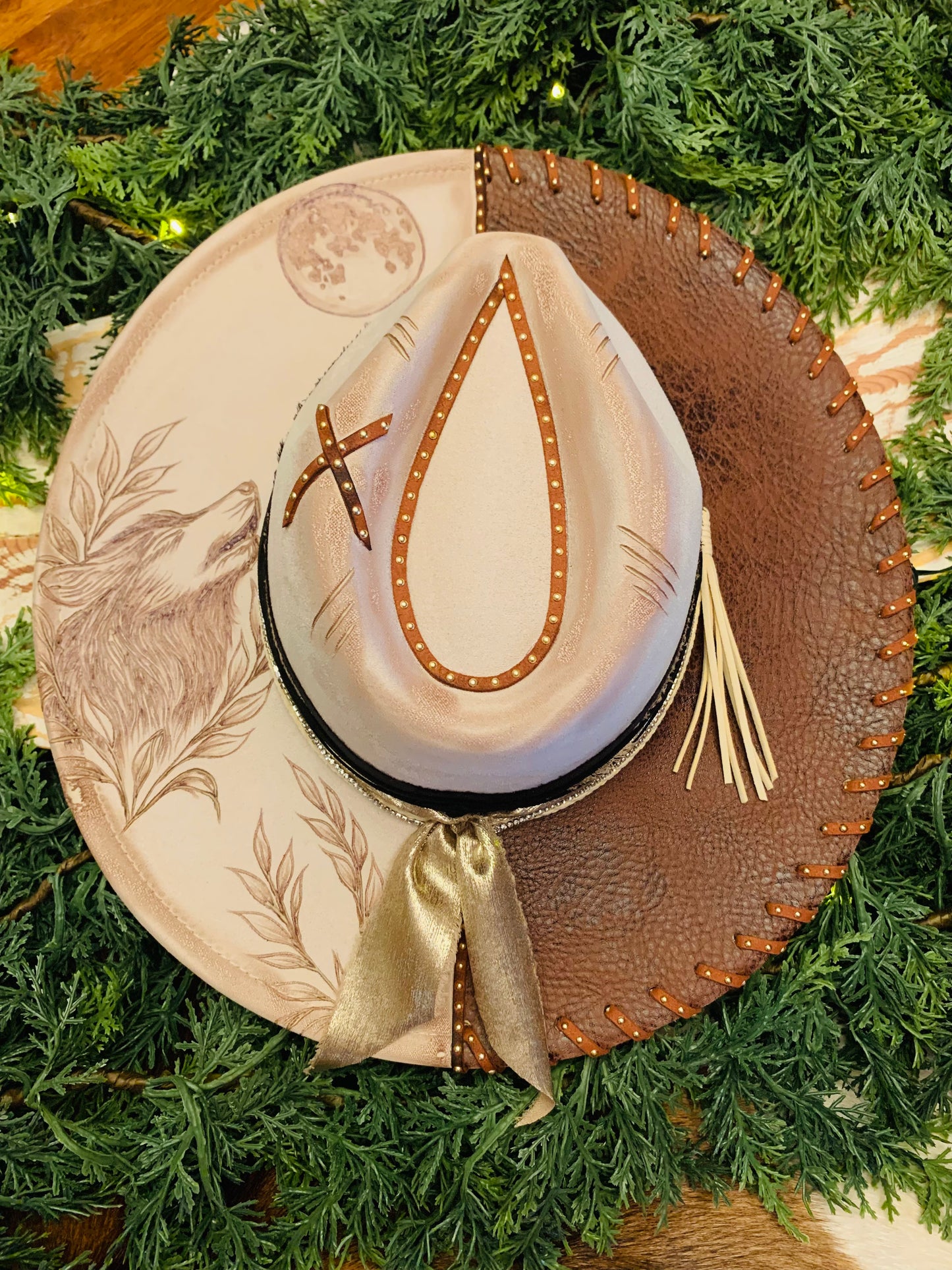 Hand Burned Rancher Hat with Wolf Howling in the Night Design