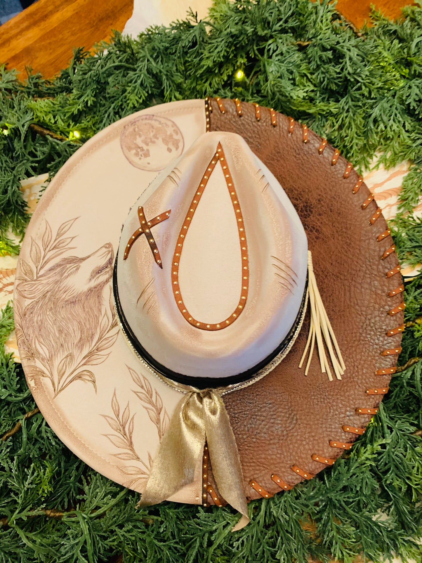 Hand Burned Rancher Hat with Wolf Howling in the Night Design