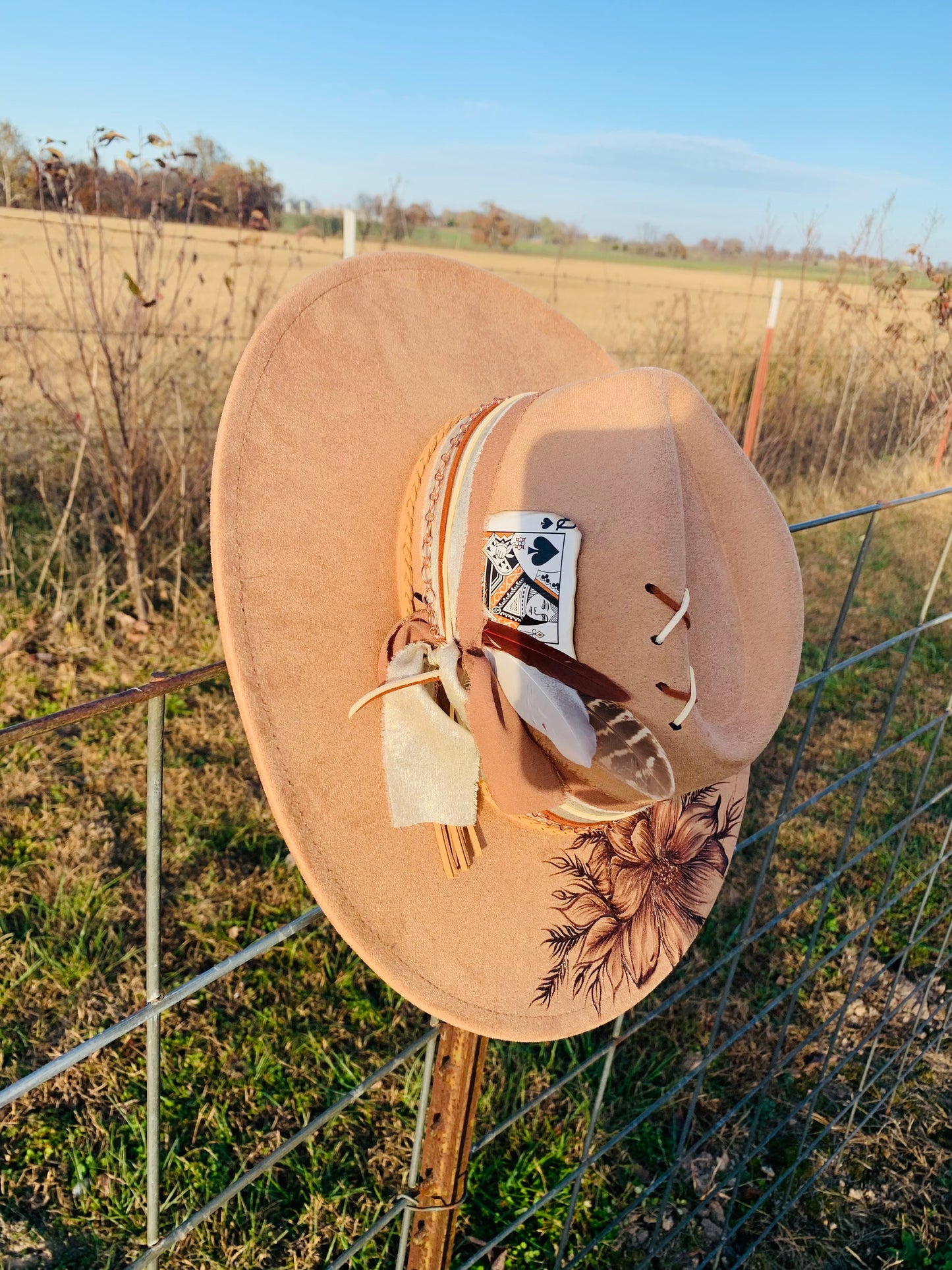 Hand Burned Rancher Hat with Florals "Simplicity"