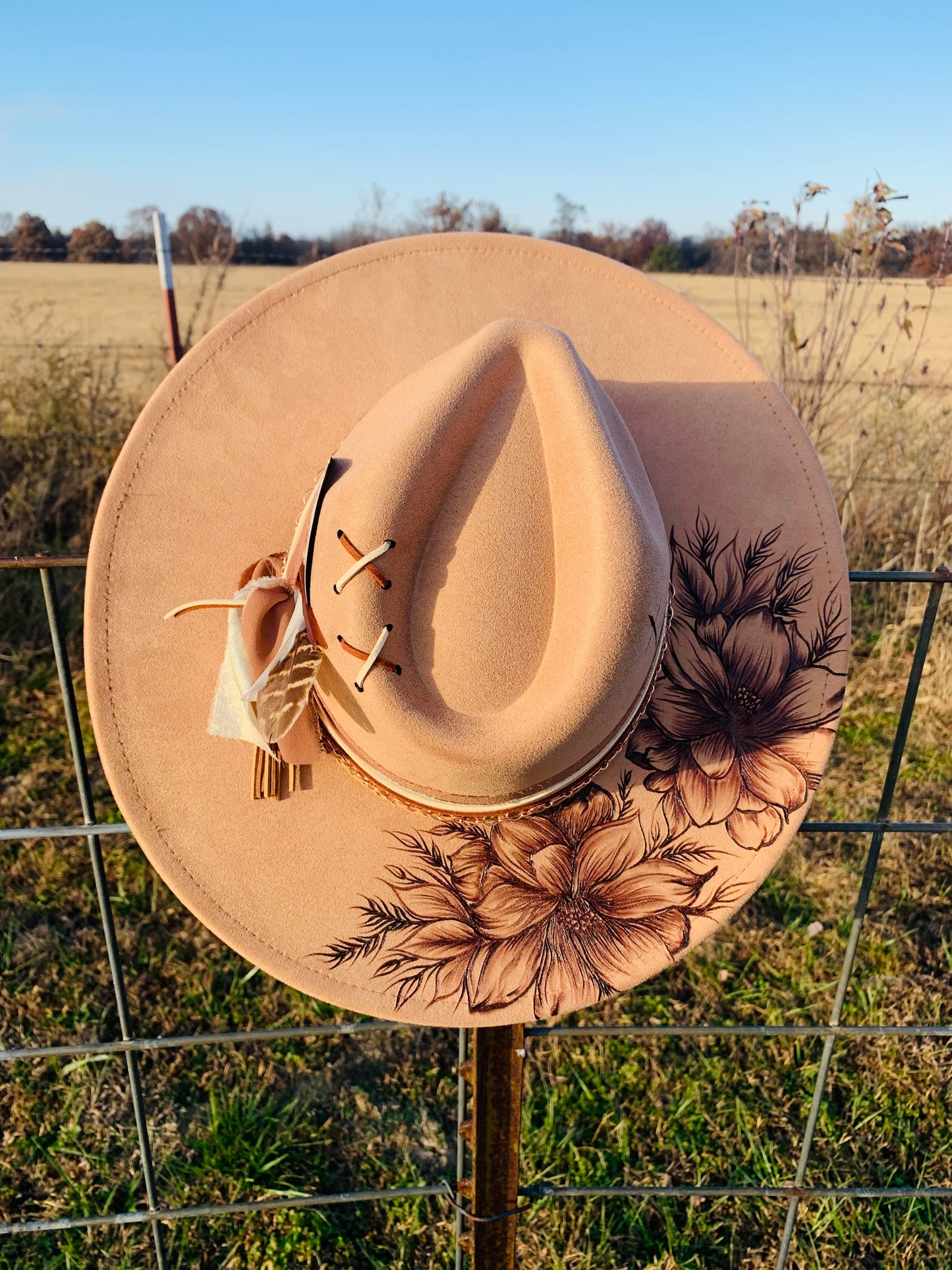 Hand Burned Rancher Hat with Florals "Simplicity"