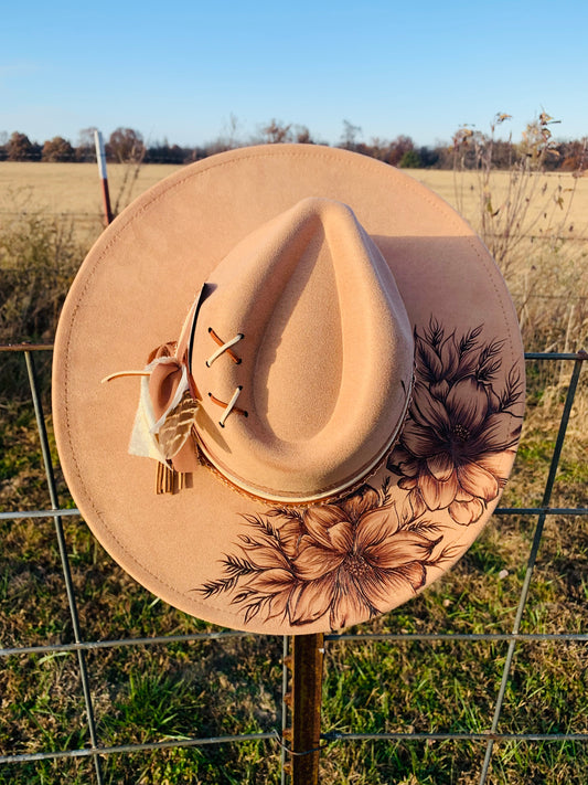 Hand Burned Rancher Hat with Florals "Simplicity"
