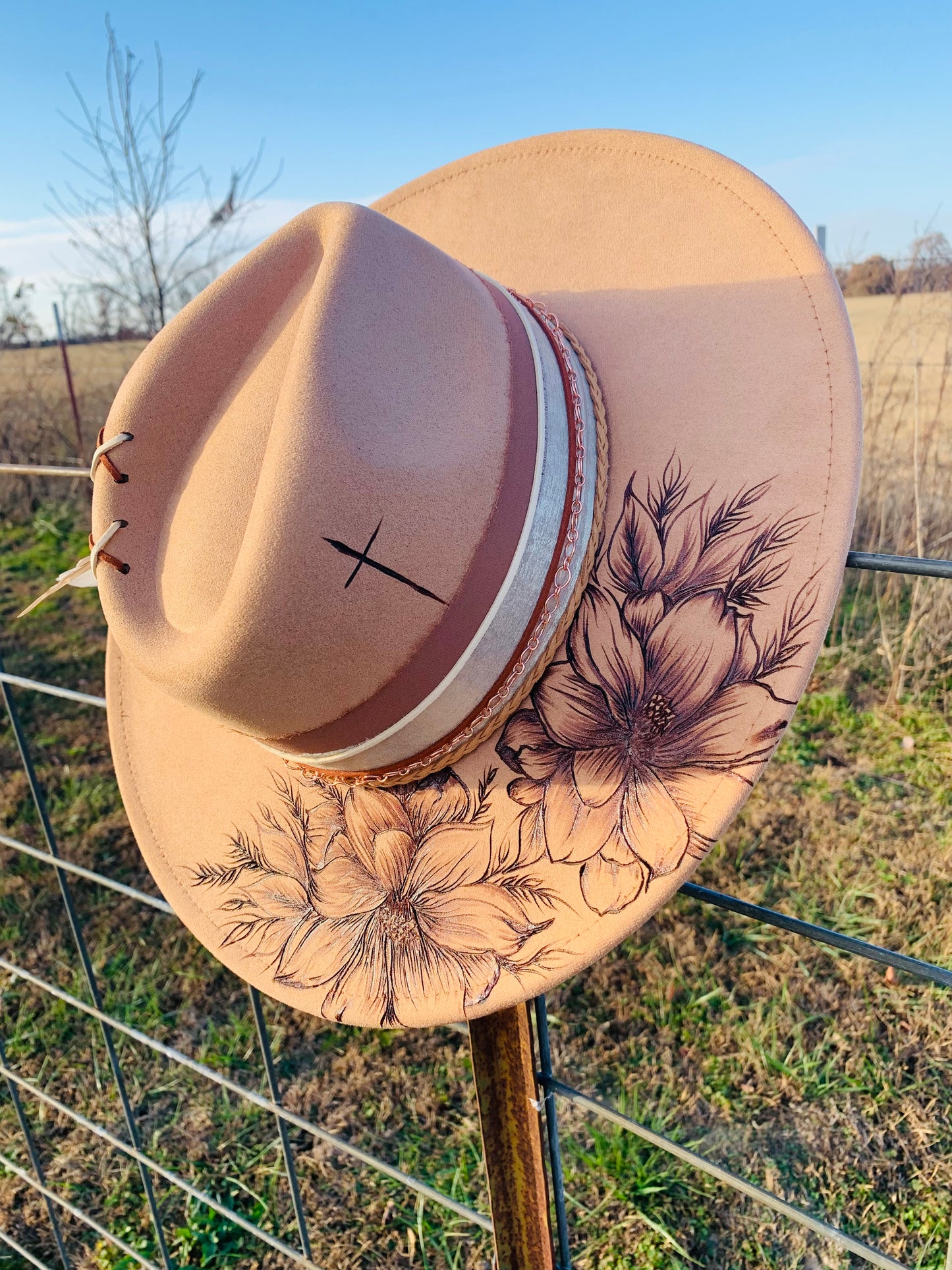 Hand Burned Rancher Hat with Florals "Simplicity"