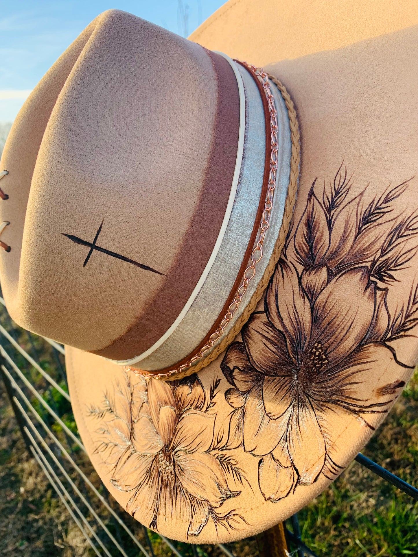 Hand Burned Rancher Hat with Florals "Simplicity"