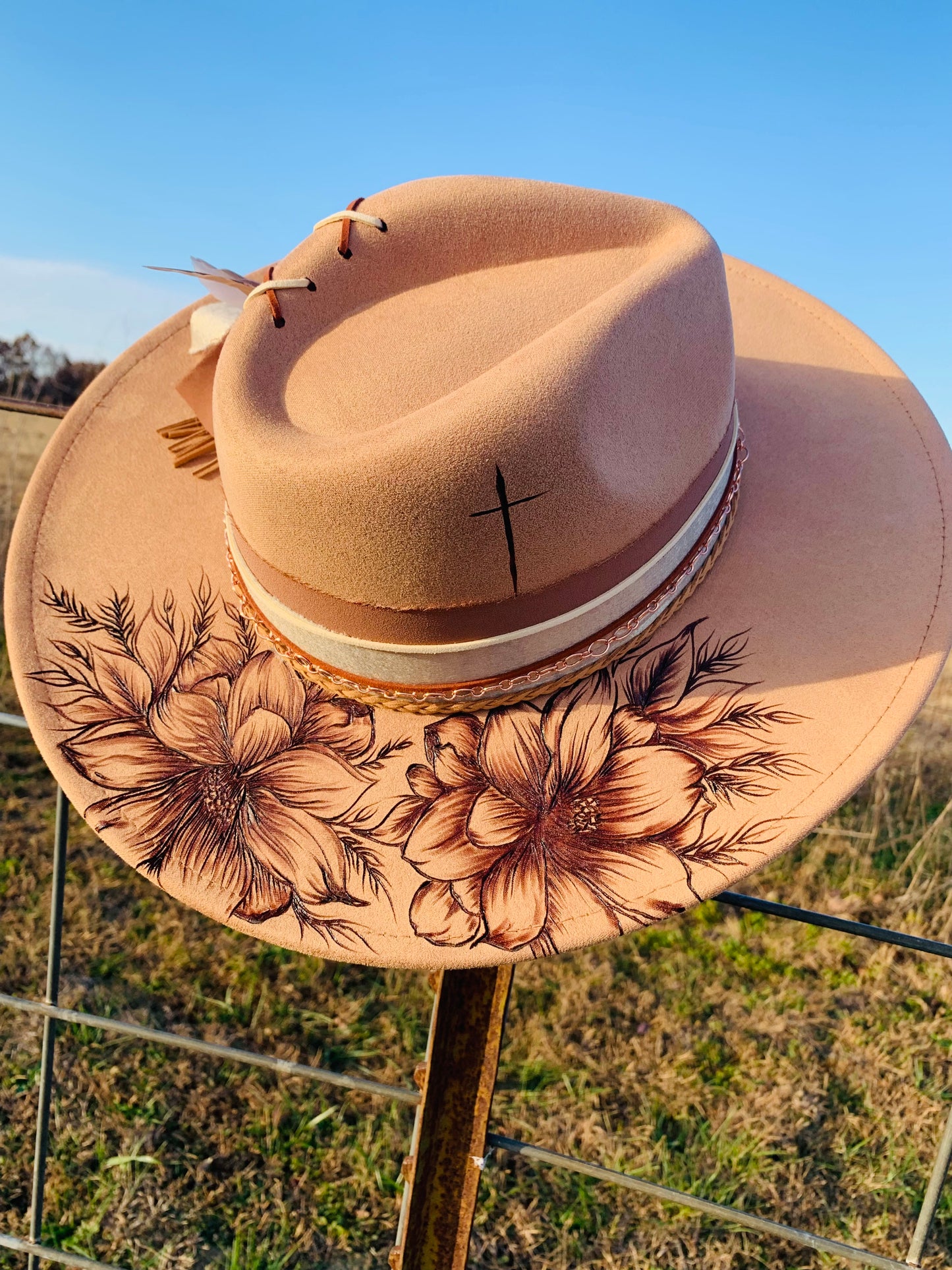 Hand Burned Rancher Hat with Florals "Simplicity"
