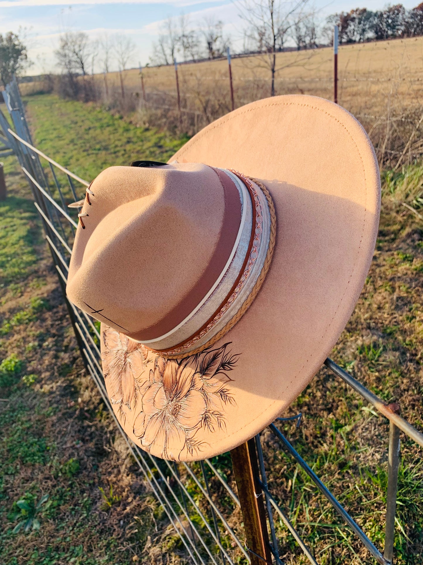 Hand Burned Rancher Hat with Florals "Simplicity"