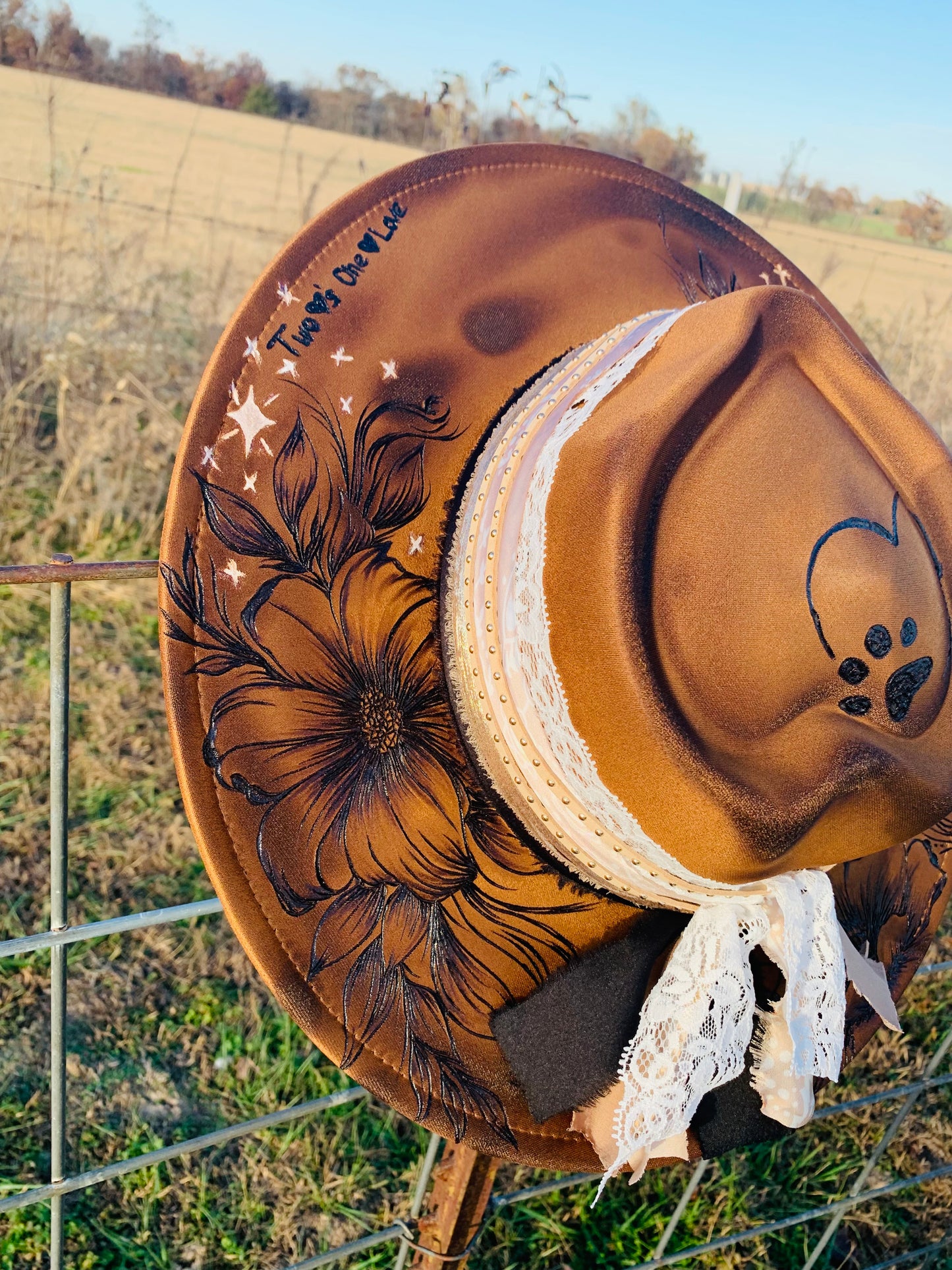Hand Burned Rancher Hat with Paws "Two Heart's-One Love"