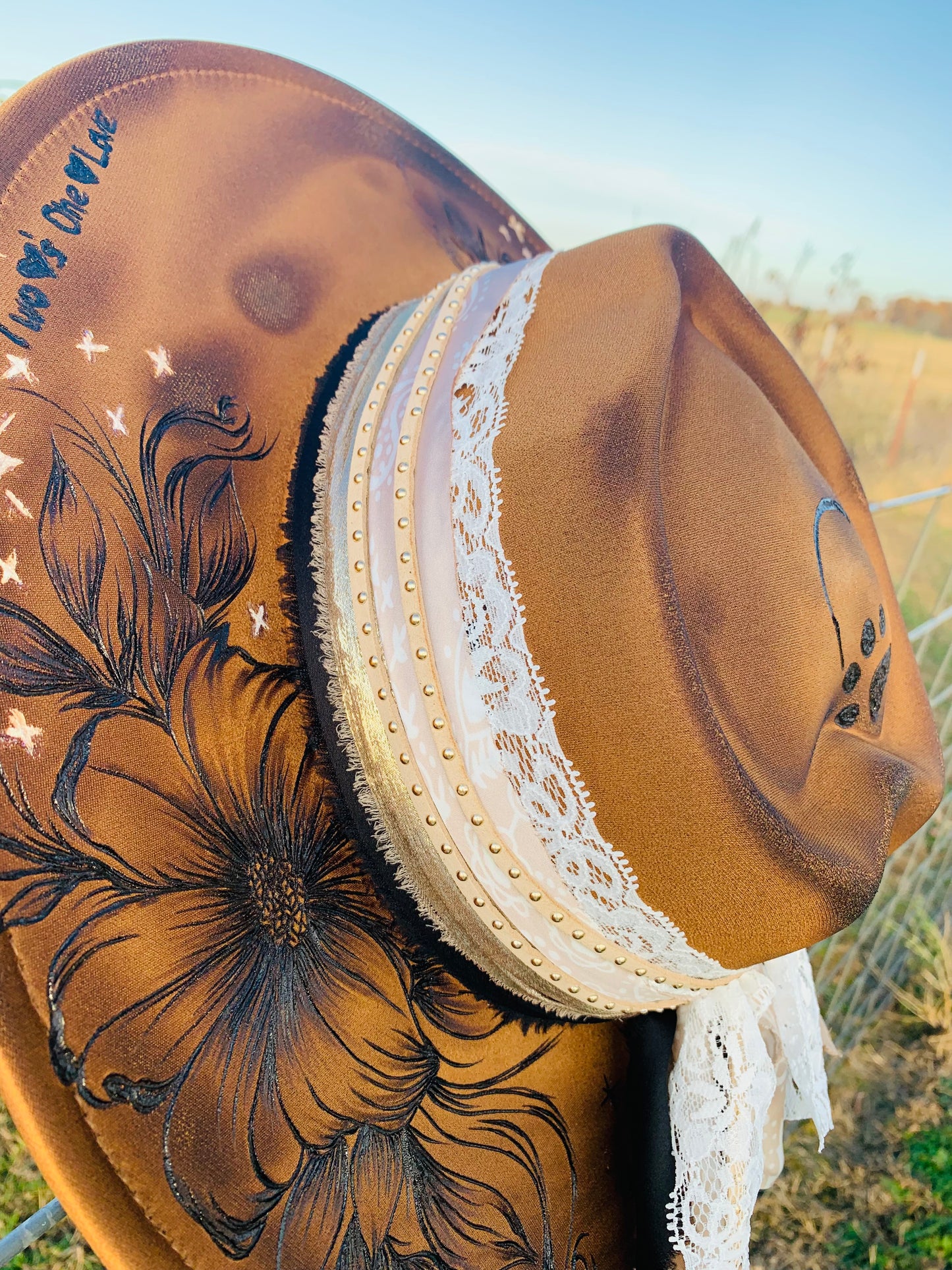 Hand Burned Rancher Hat with Paws "Two Heart's-One Love"
