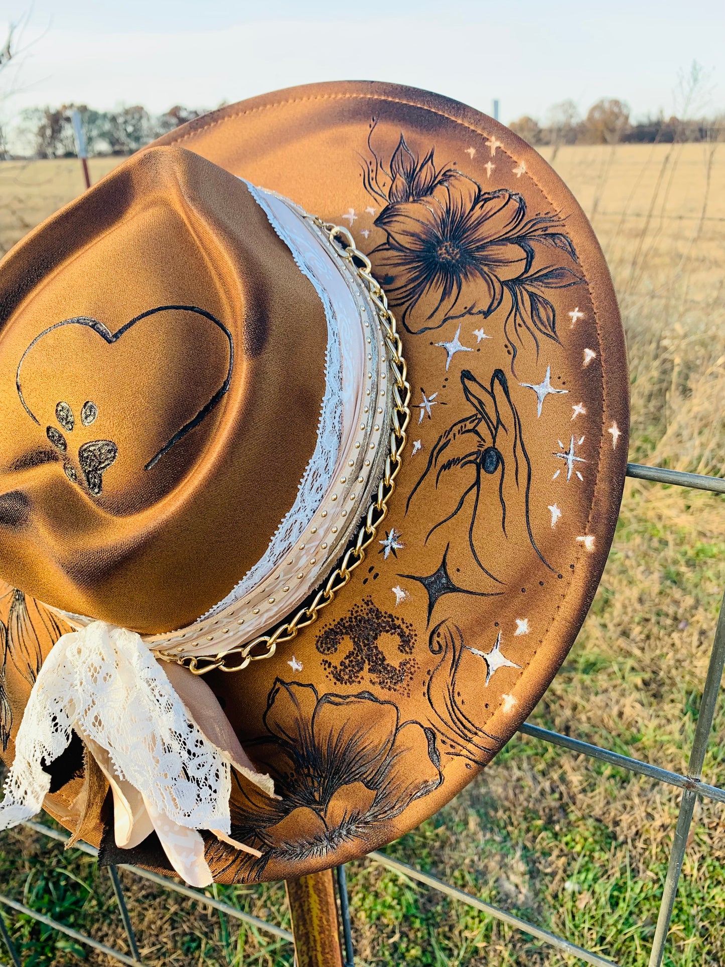 Hand Burned Rancher Hat with Paws "Two Heart's-One Love"