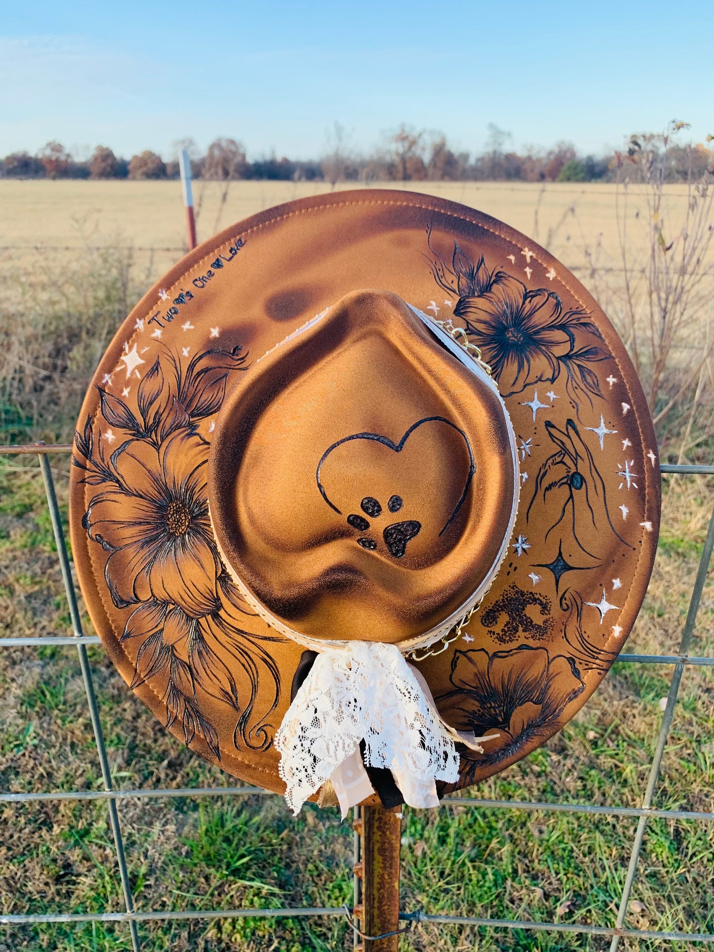Hand Burned Rancher Hat with Paws "Two Heart's-One Love"