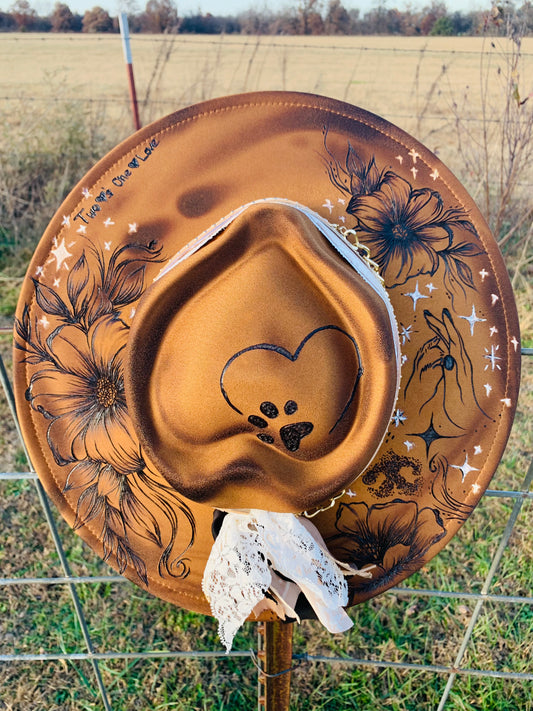 Hand Burned Rancher Hat with Paws "Two Heart's-One Love"