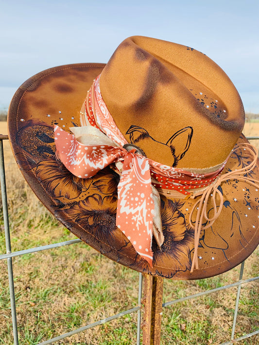 Hand Burned Rancher Hat with Doggie Ears "A Piece of Me Went with You"