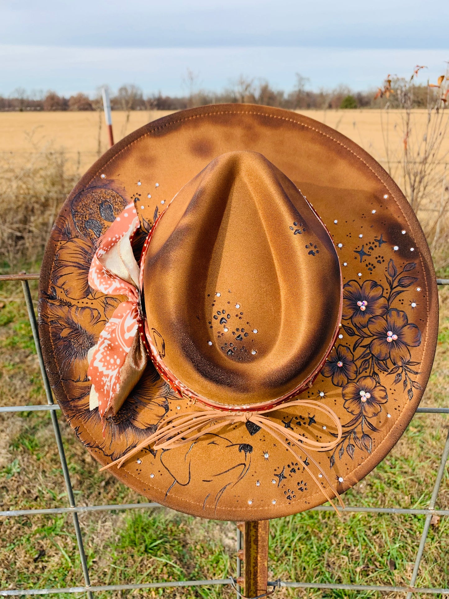 Hand Burned Rancher Hat with Doggie Ears "A Piece of Me Went with You"
