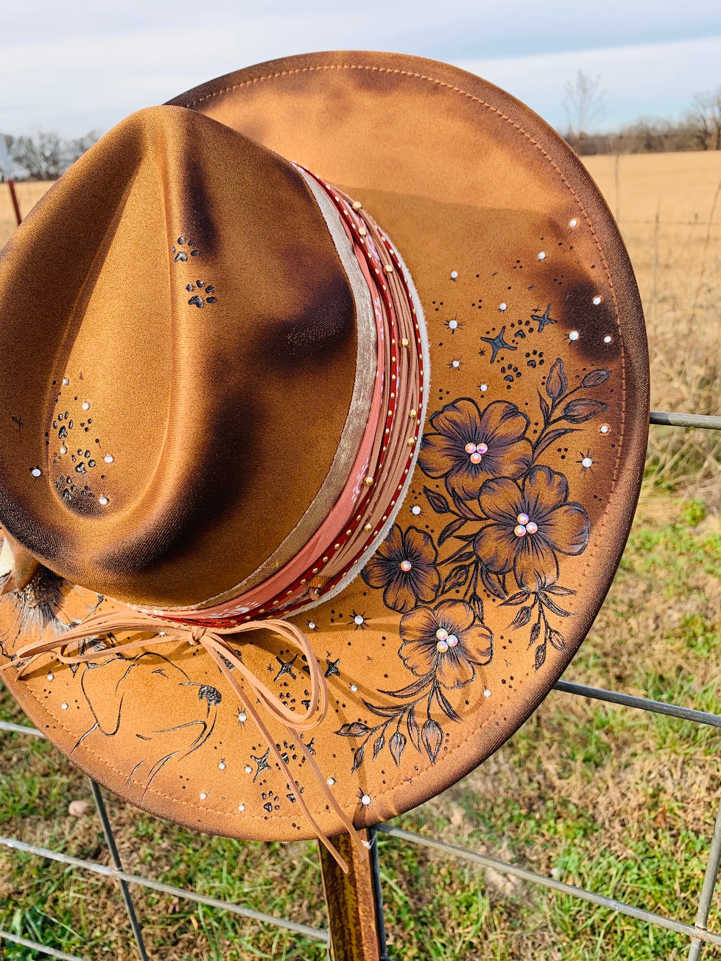 Hand Burned Rancher Hat with Doggie Ears "A Piece of Me Went with You"
