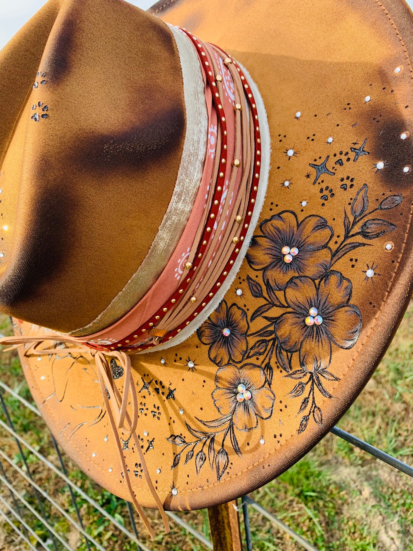 Hand Burned Rancher Hat with Doggie Ears "A Piece of Me Went with You"