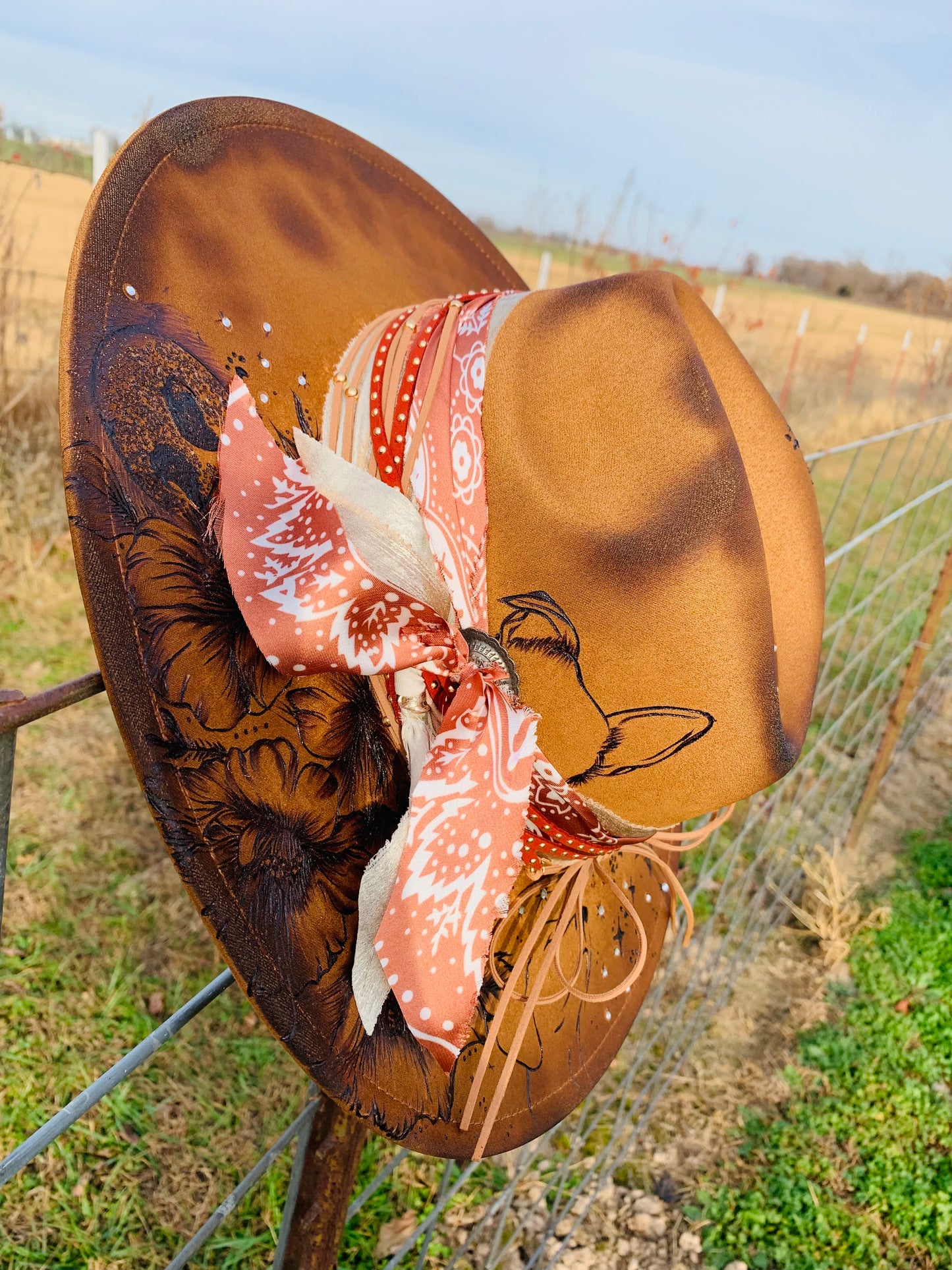 Hand Burned Rancher Hat with Doggie Ears "A Piece of Me Went with You"