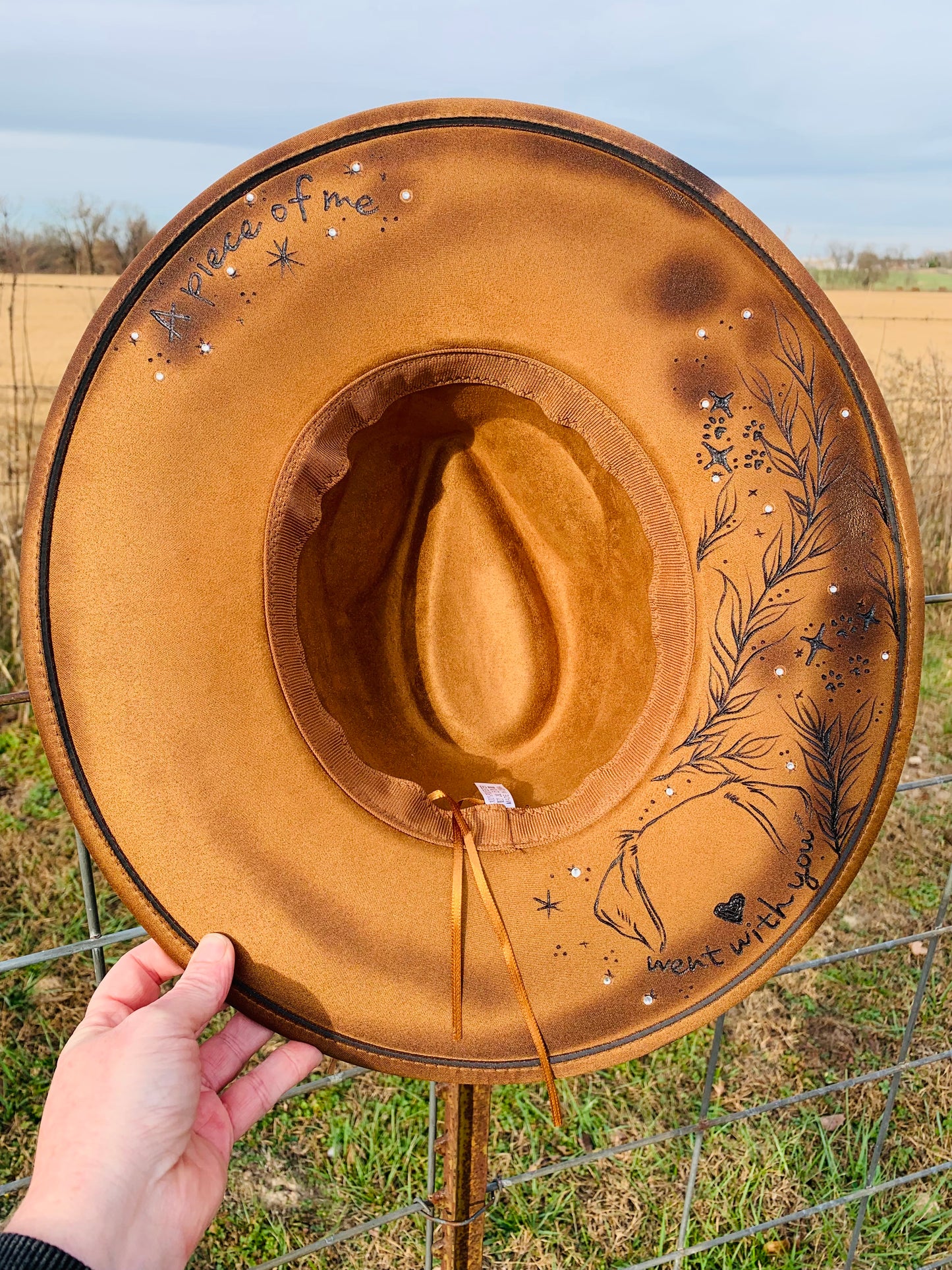 Hand Burned Rancher Hat with Doggie Ears "A Piece of Me Went with You"