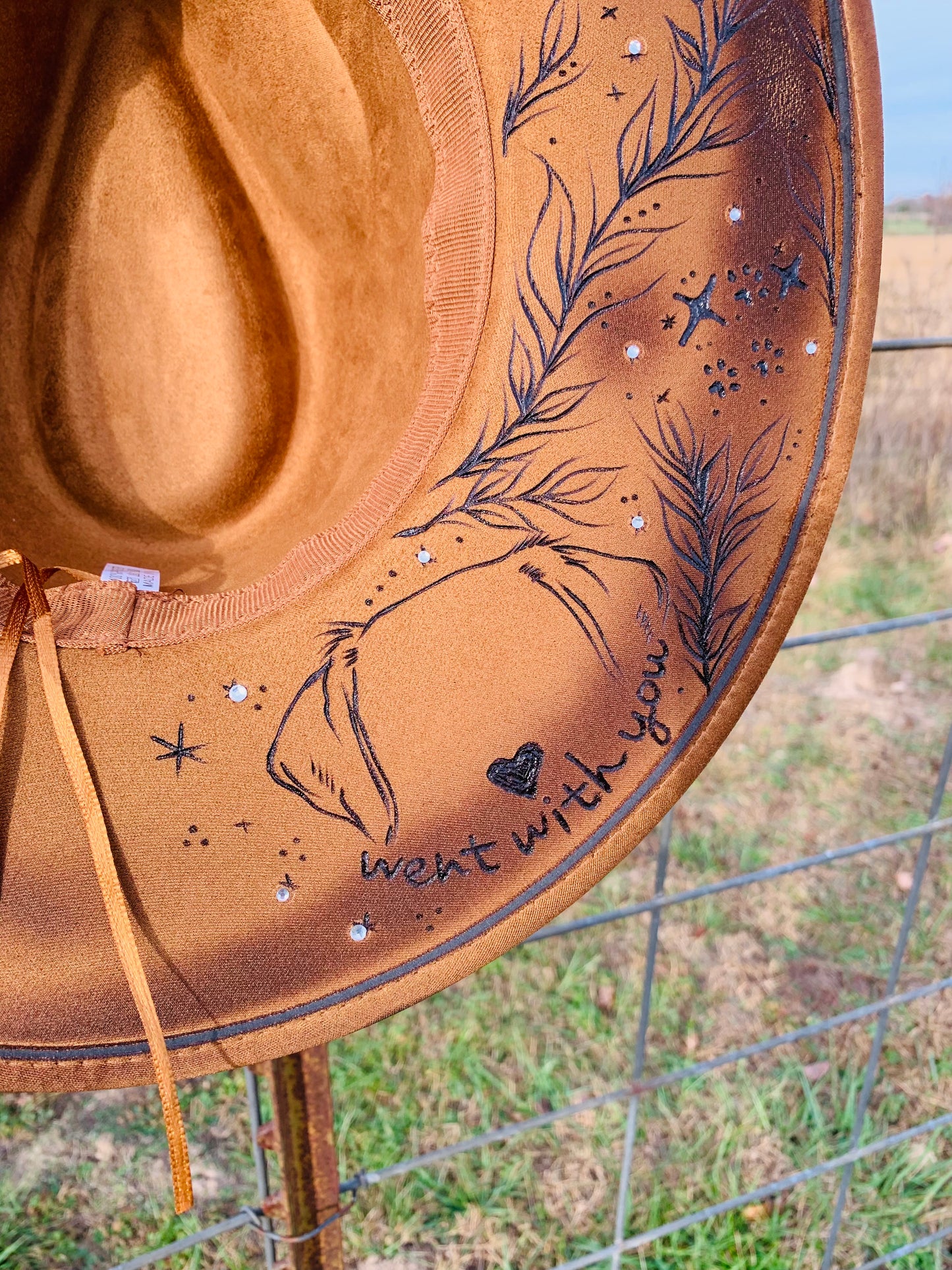 Hand Burned Rancher Hat with Doggie Ears "A Piece of Me Went with You"
