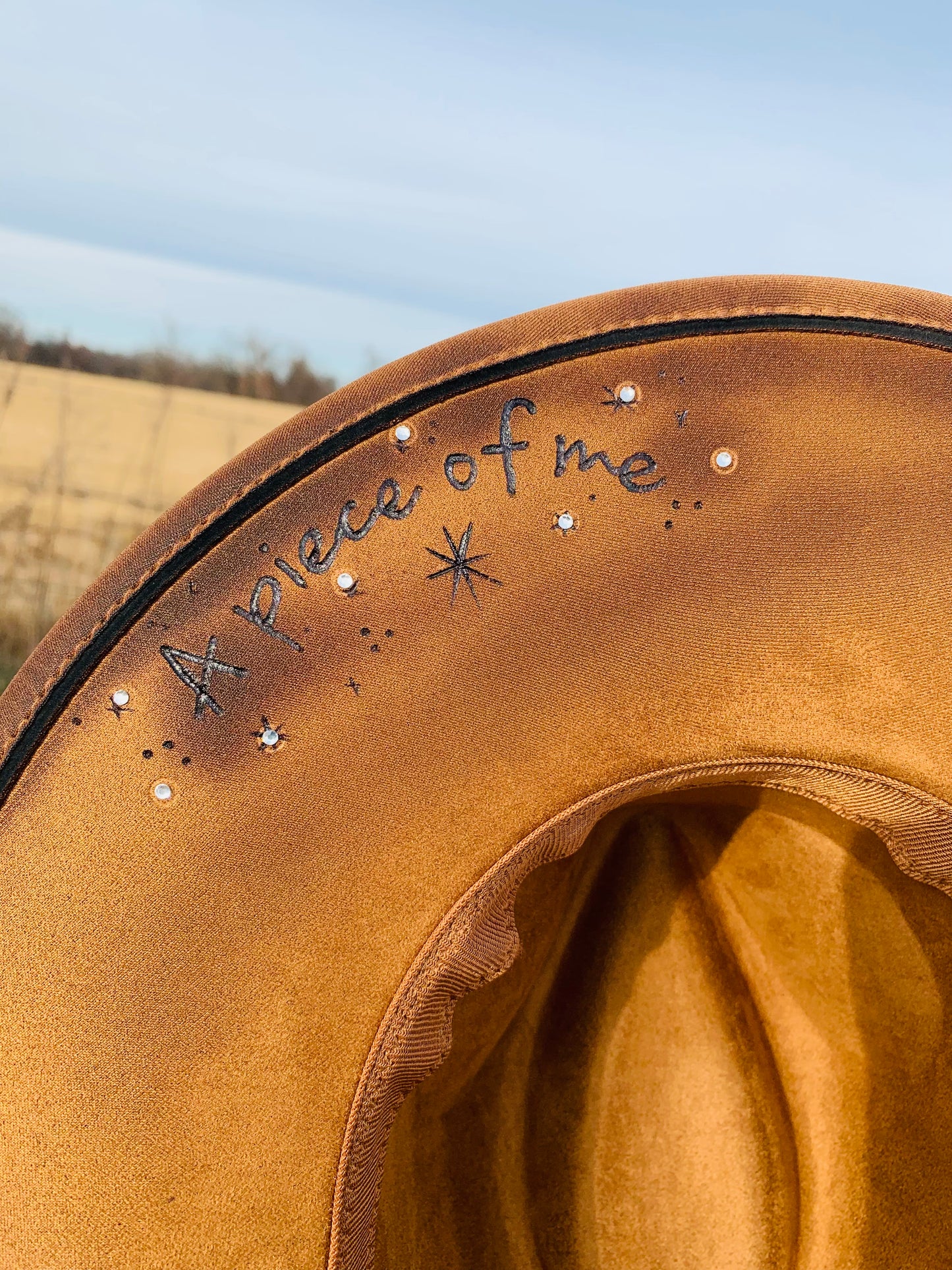 Hand Burned Rancher Hat with Doggie Ears "A Piece of Me Went with You"