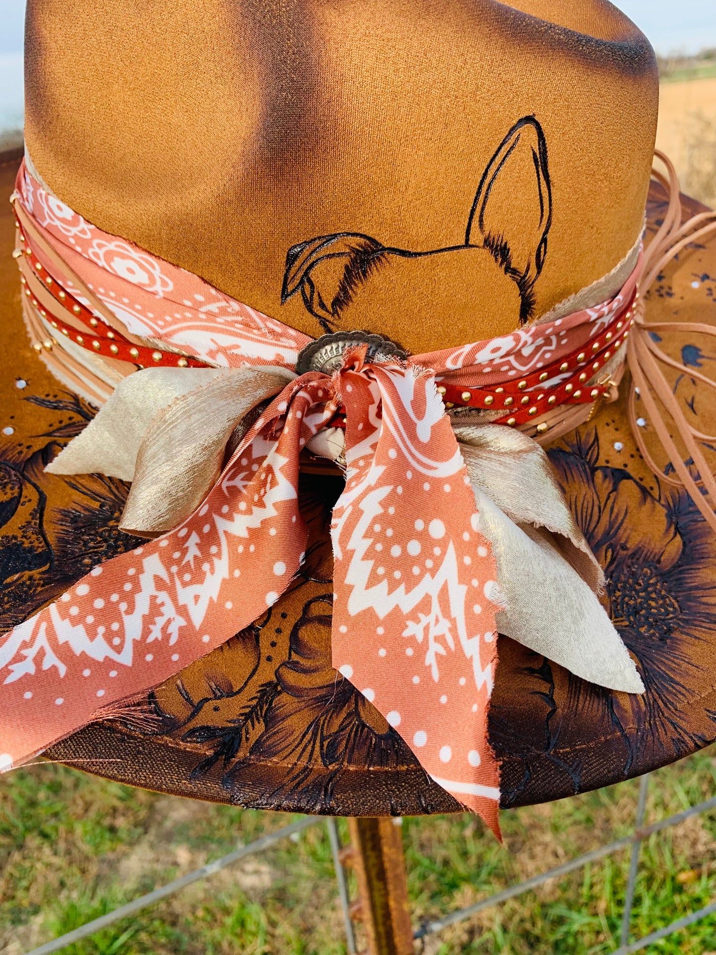 Hand Burned Rancher Hat with Doggie Ears "A Piece of Me Went with You"