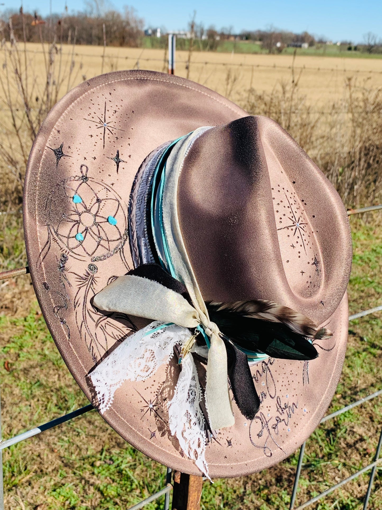 Hand Burned Rancher Hat with Feathers "Stronger than the Storm"