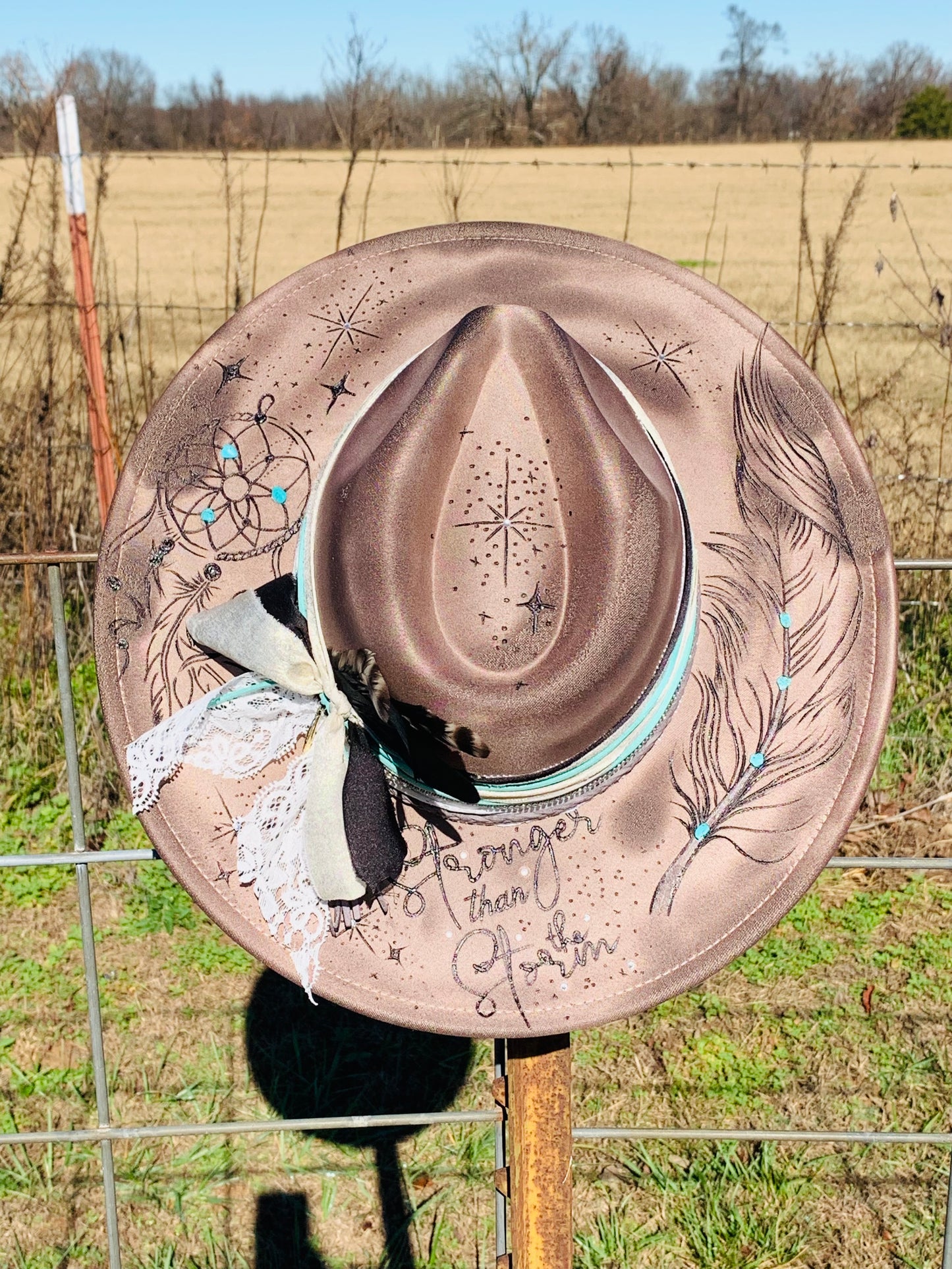 Hand Burned Rancher Hat with Feathers "Stronger than the Storm"
