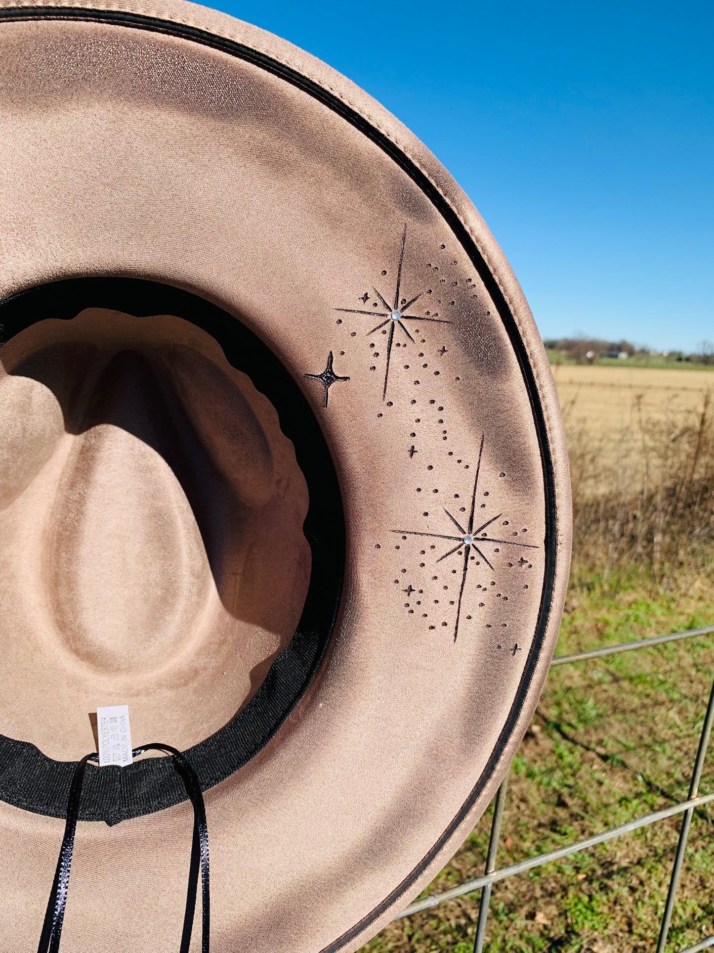 Hand Burned Rancher Hat with Feathers "Stronger than the Storm"