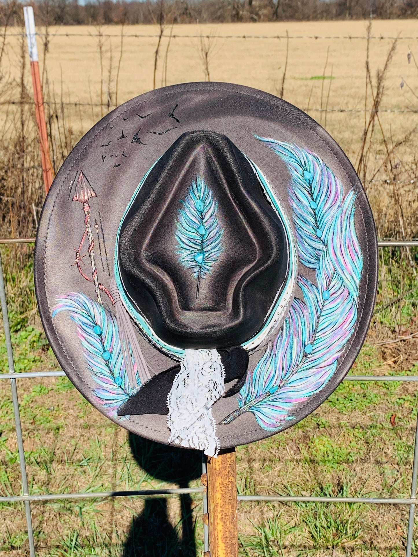 Hand Burned Arrowhead Rancher Hat "Feathers and Arrows" Design