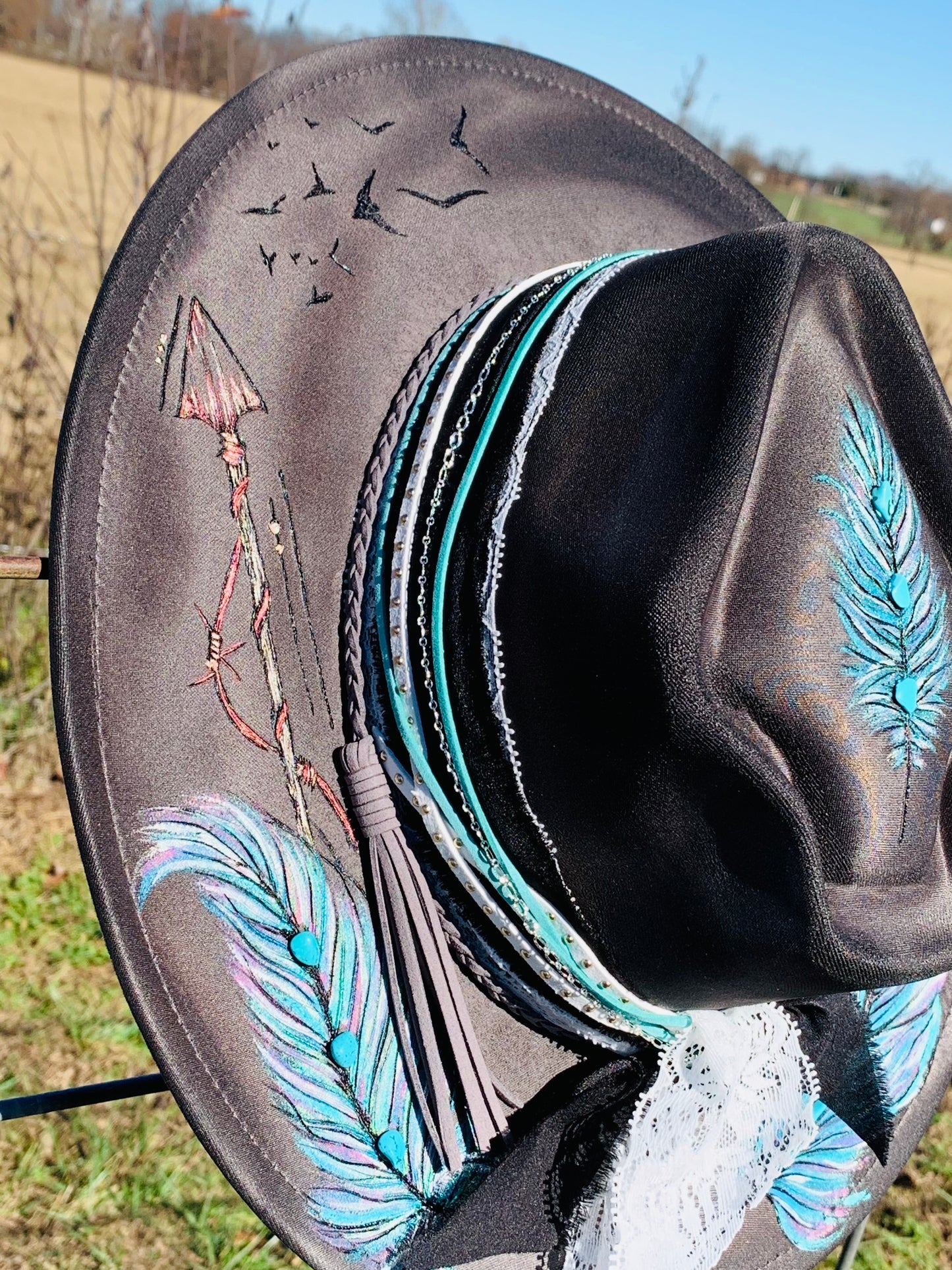 Hand Burned Arrowhead Rancher Hat "Feathers and Arrows" Design