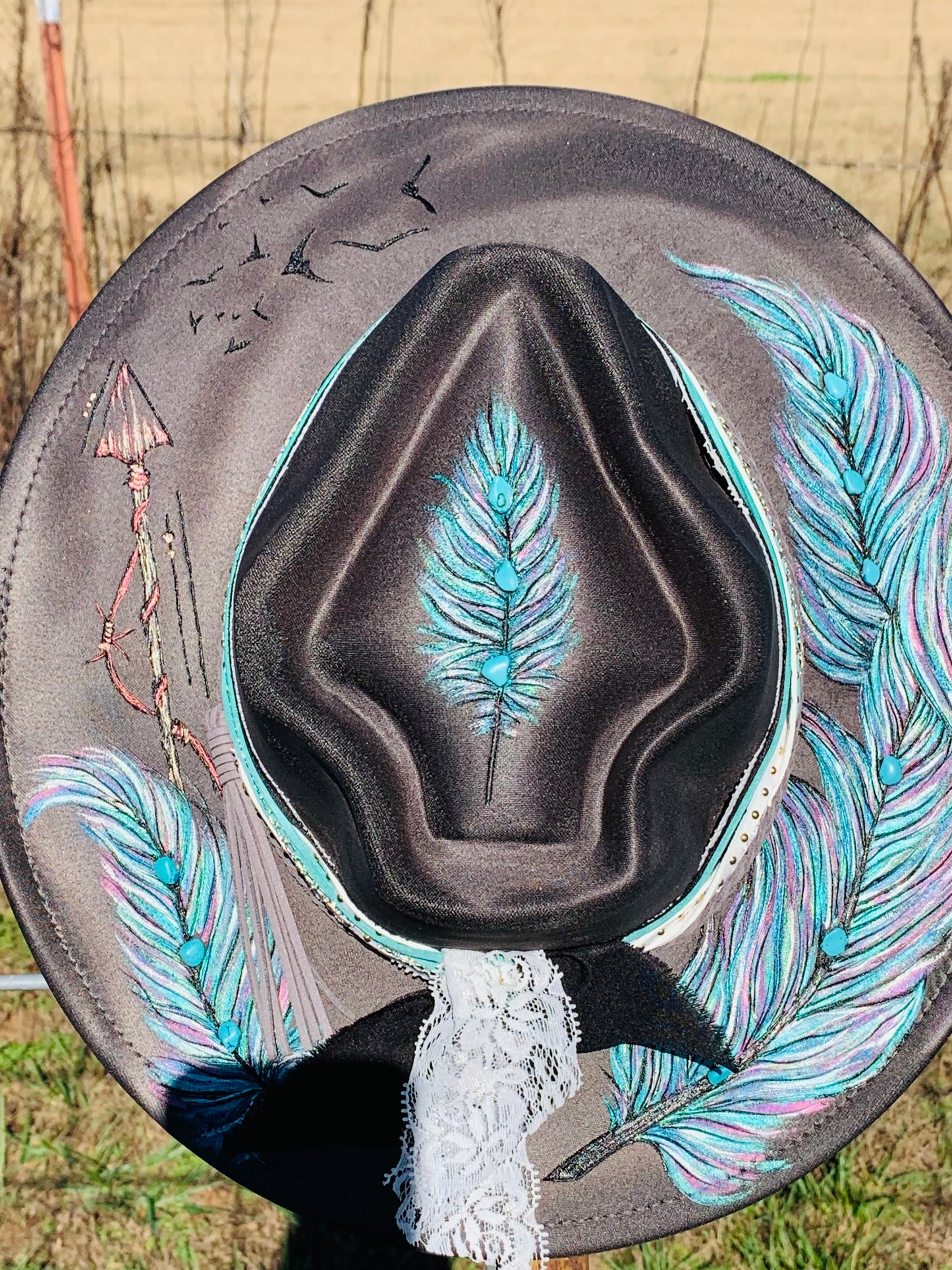 Hand Burned Arrowhead Rancher Hat "Feathers and Arrows" Design