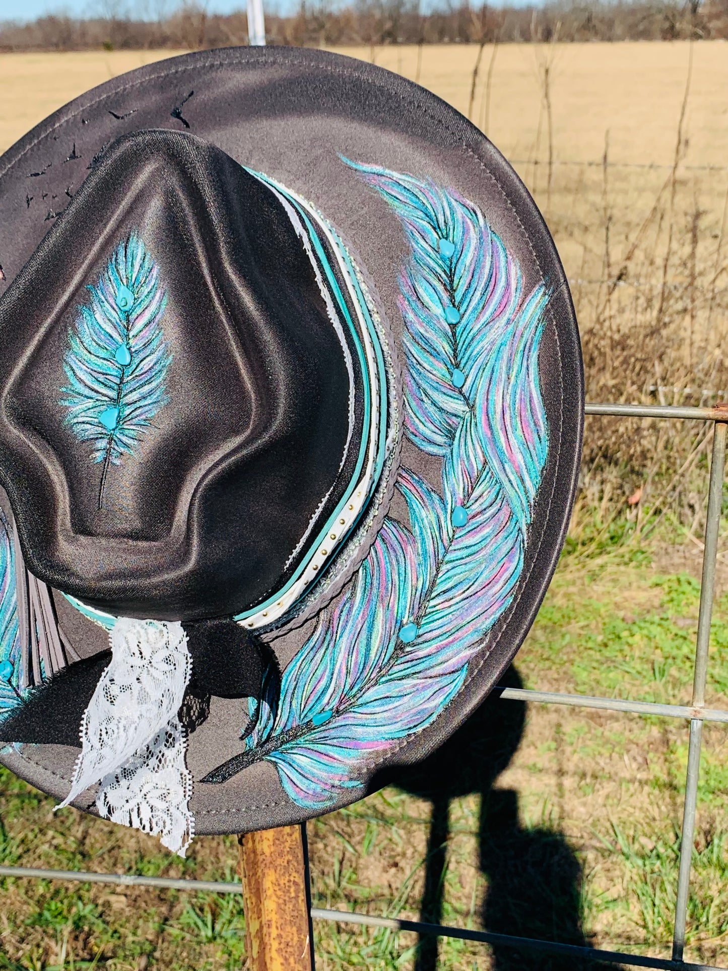 Hand Burned Arrowhead Rancher Hat "Feathers and Arrows" Design