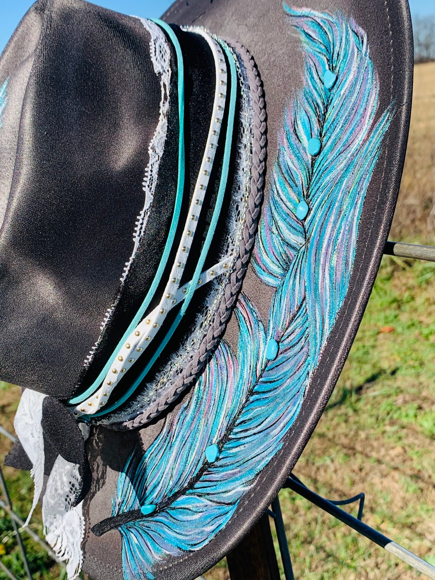 Hand Burned Arrowhead Rancher Hat "Feathers and Arrows" Design
