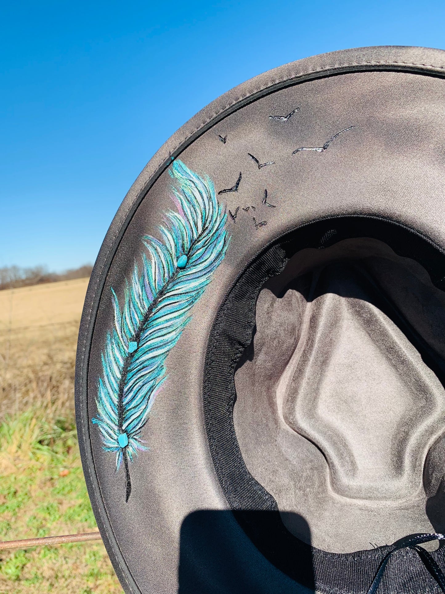 Hand Burned Arrowhead Rancher Hat "Feathers and Arrows" Design