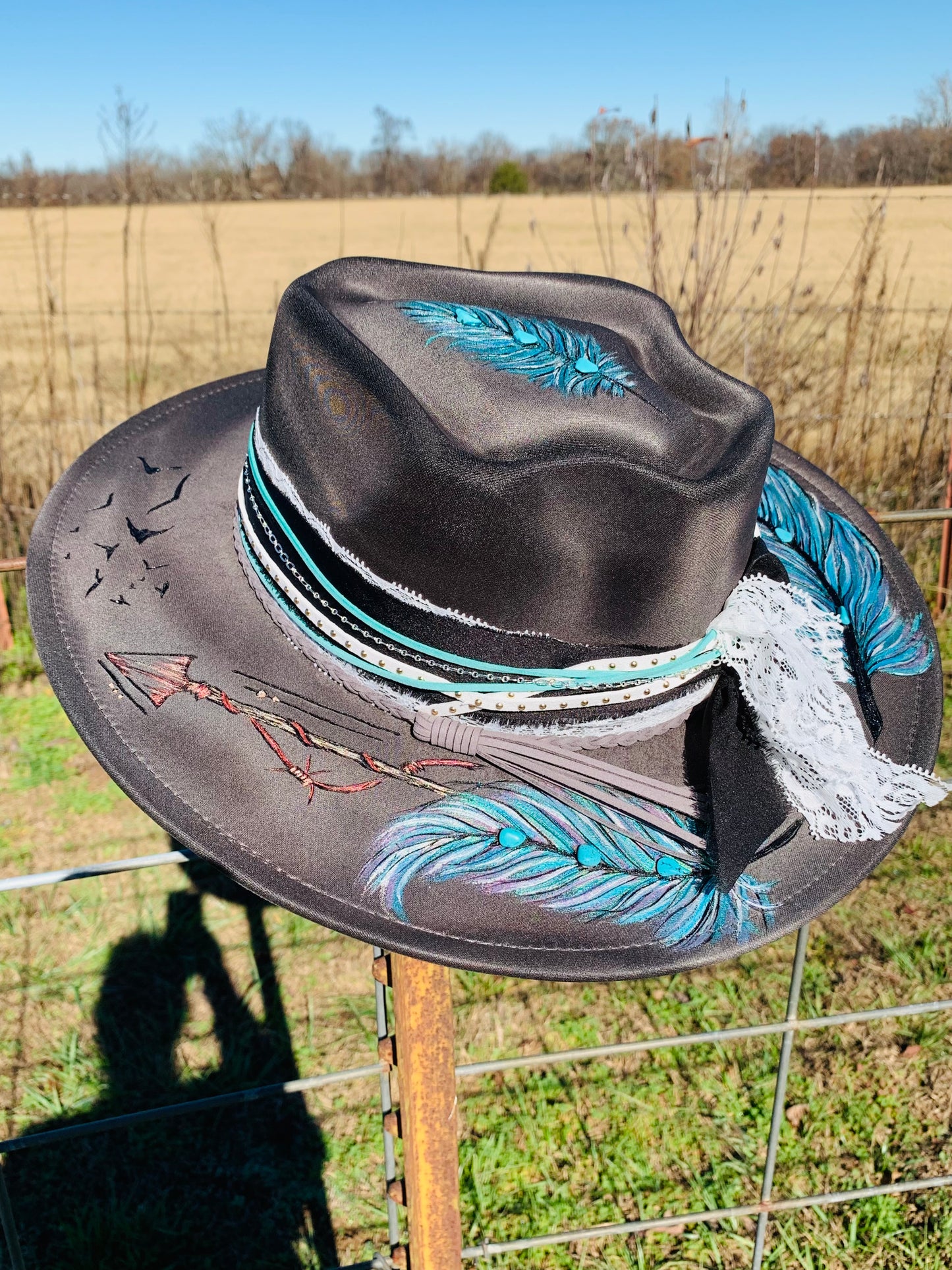 Hand Burned Arrowhead Rancher Hat "Feathers and Arrows" Design