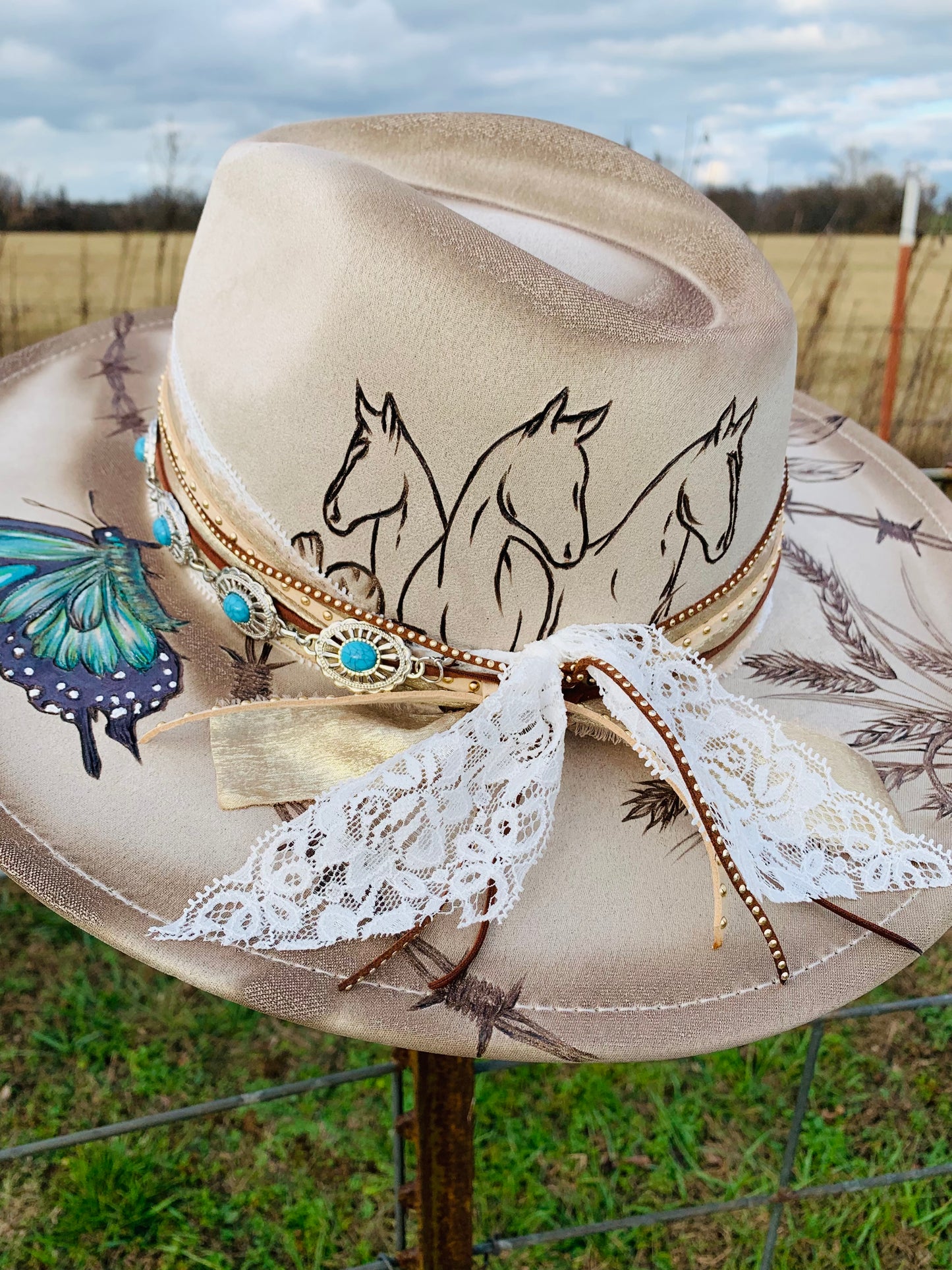 Hand Burned Rancher Hat "Wild Horses" Design
