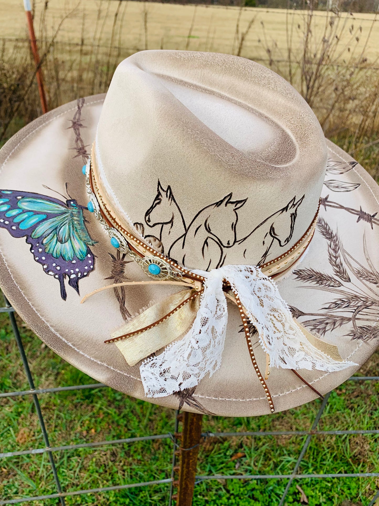 Hand Burned Rancher Hat "Wild Horses" Design