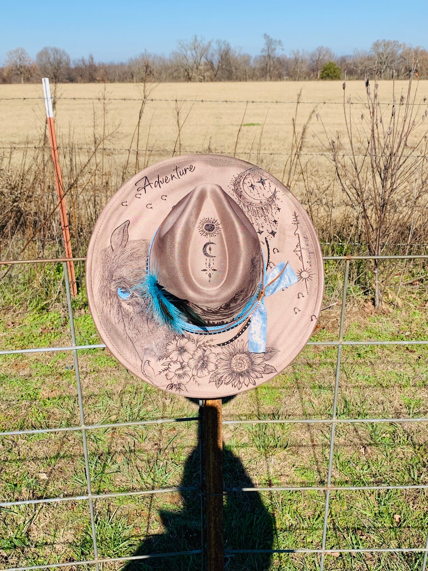 Hand Burned Rancher Hat "Mountain Adventure's" Design