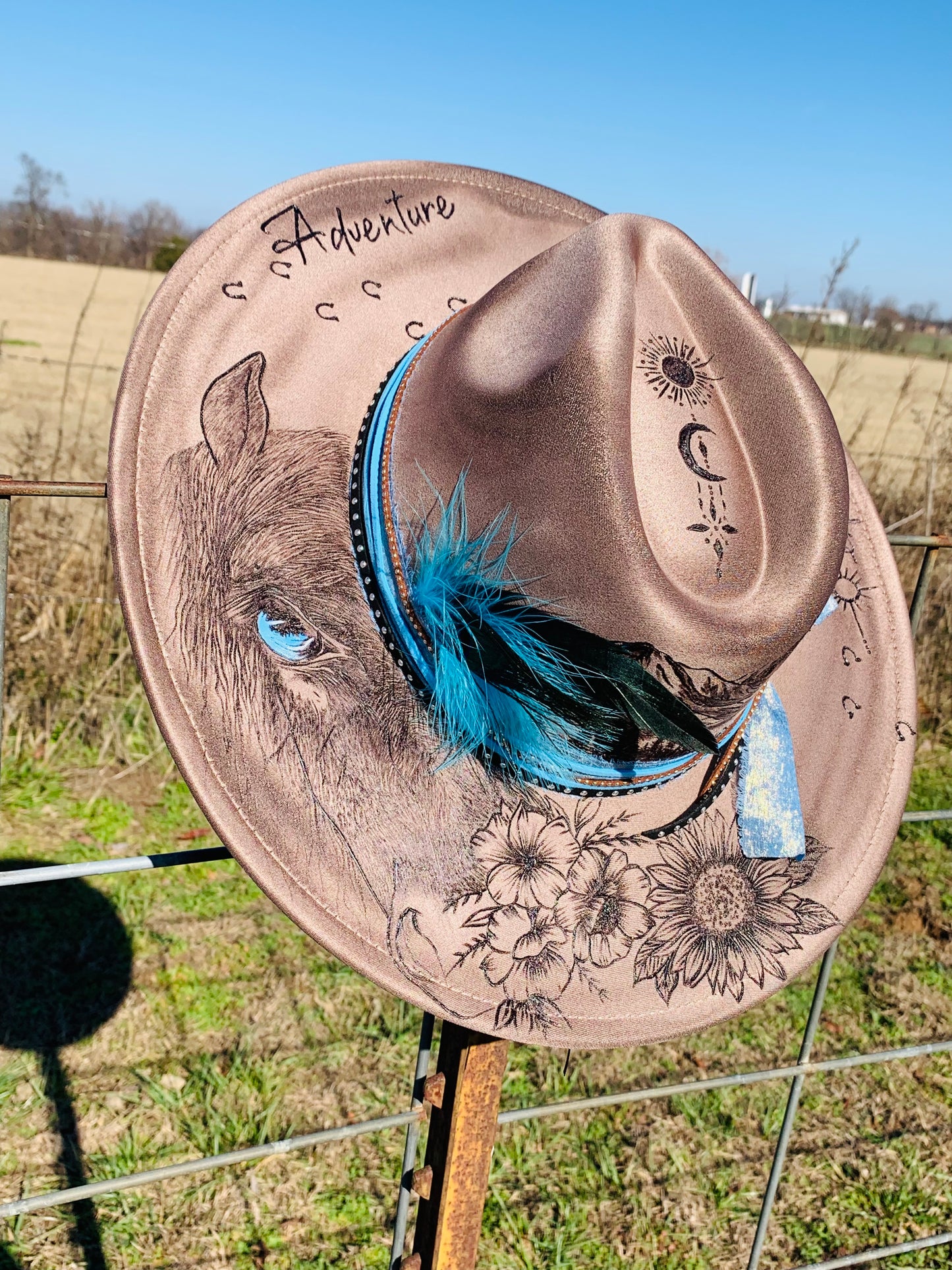 Hand Burned Rancher Hat "Mountain Adventure's" Design