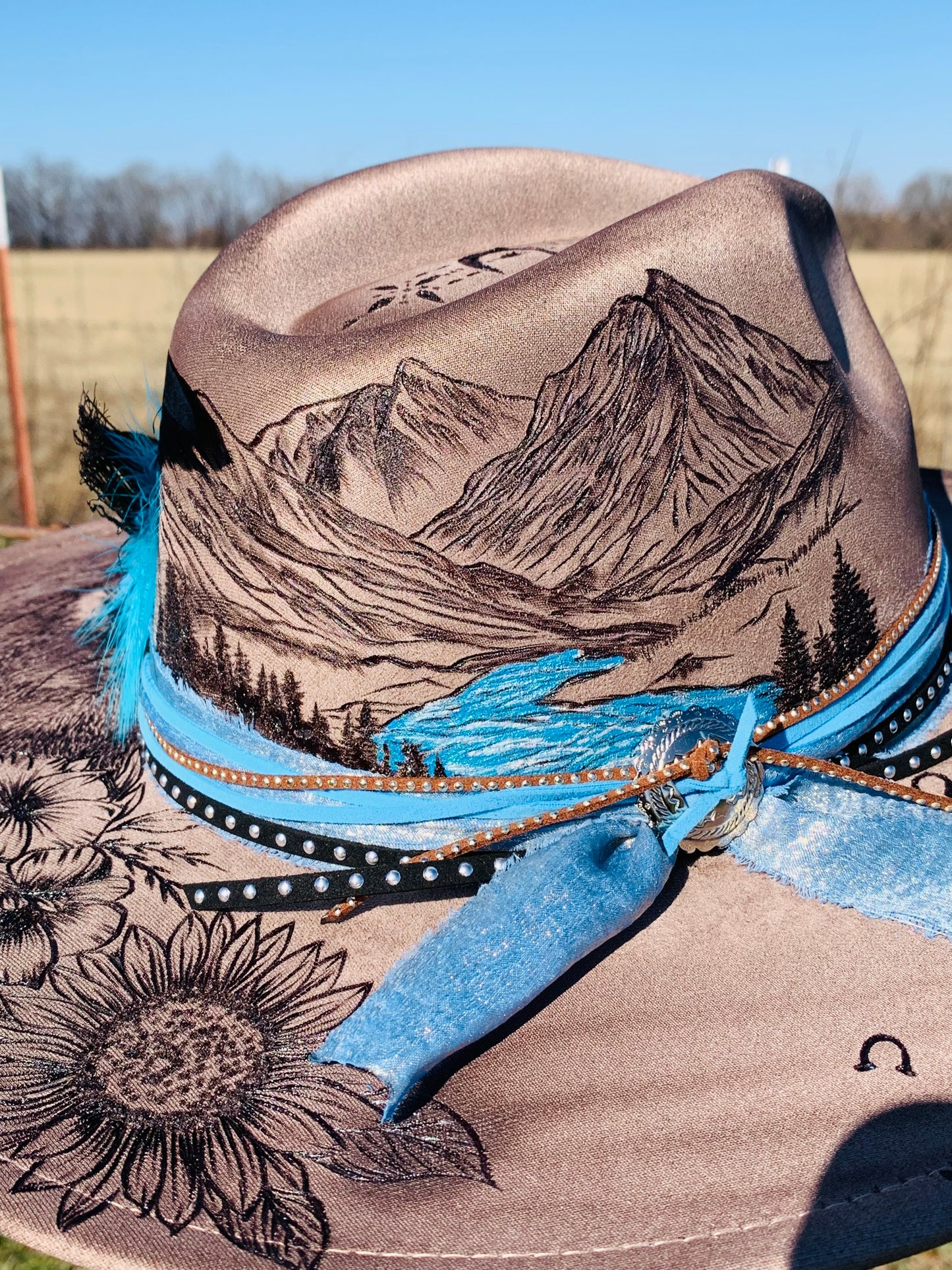 Hand Burned Rancher Hat "Mountain Adventure's" Design