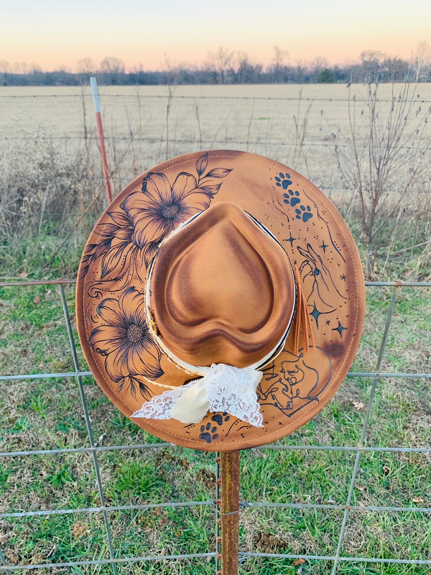 Hand Burned Heart Rancher Hat with "Dog Paws"
