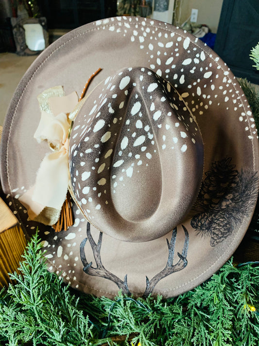 Hand Burned Rancher Hat "Fawn to 10 Point Buck" Design