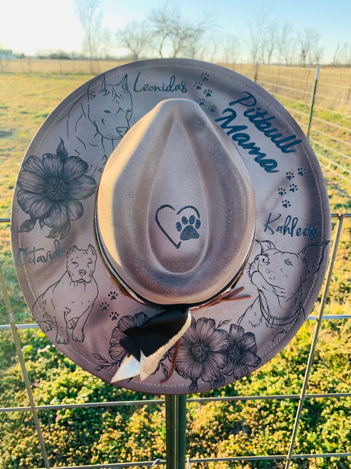 Hand Burned Rancher Hat "Pitbull Mama" Design