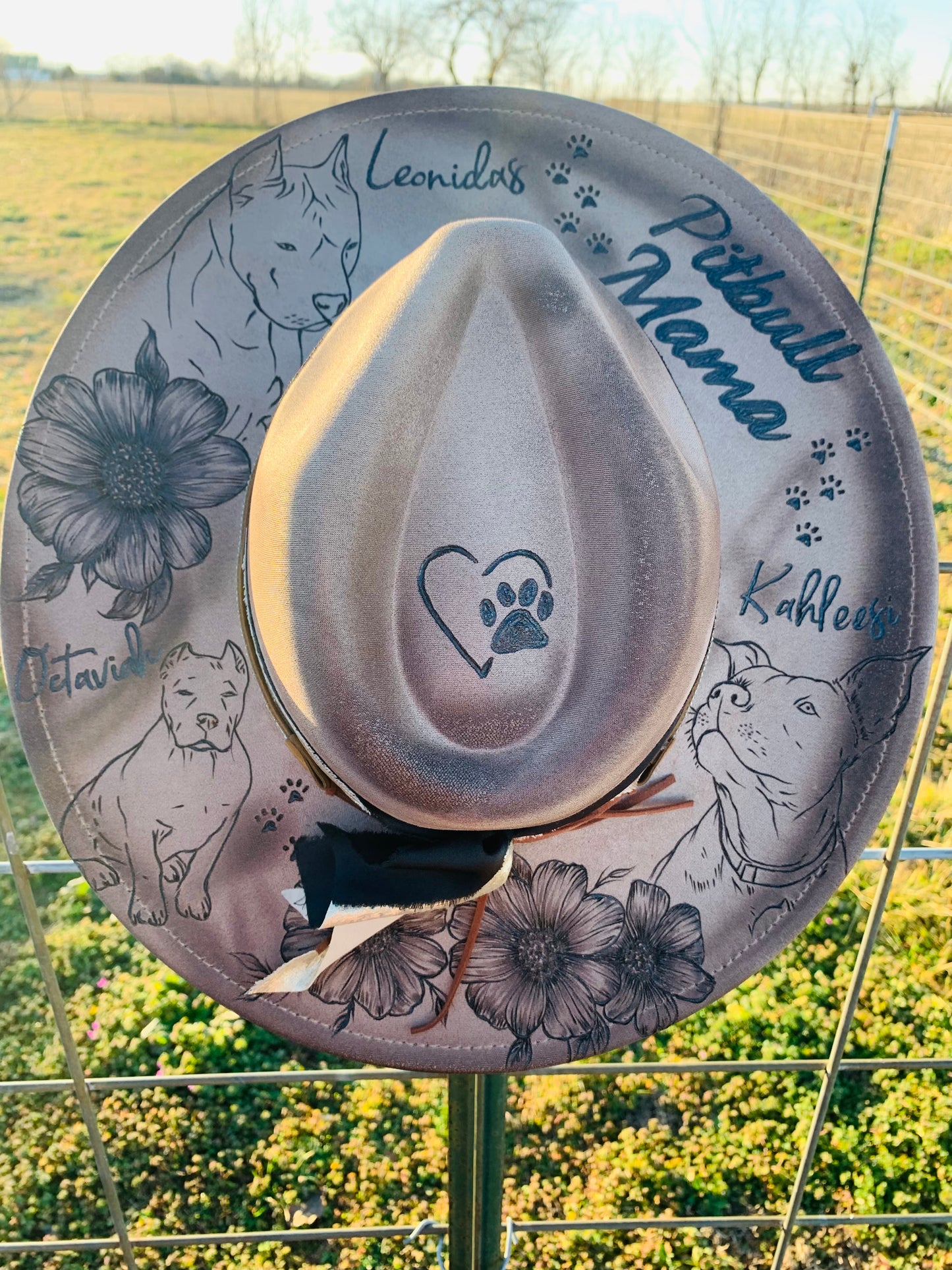 Hand Burned Rancher Hat "Pitbull Mama" Design