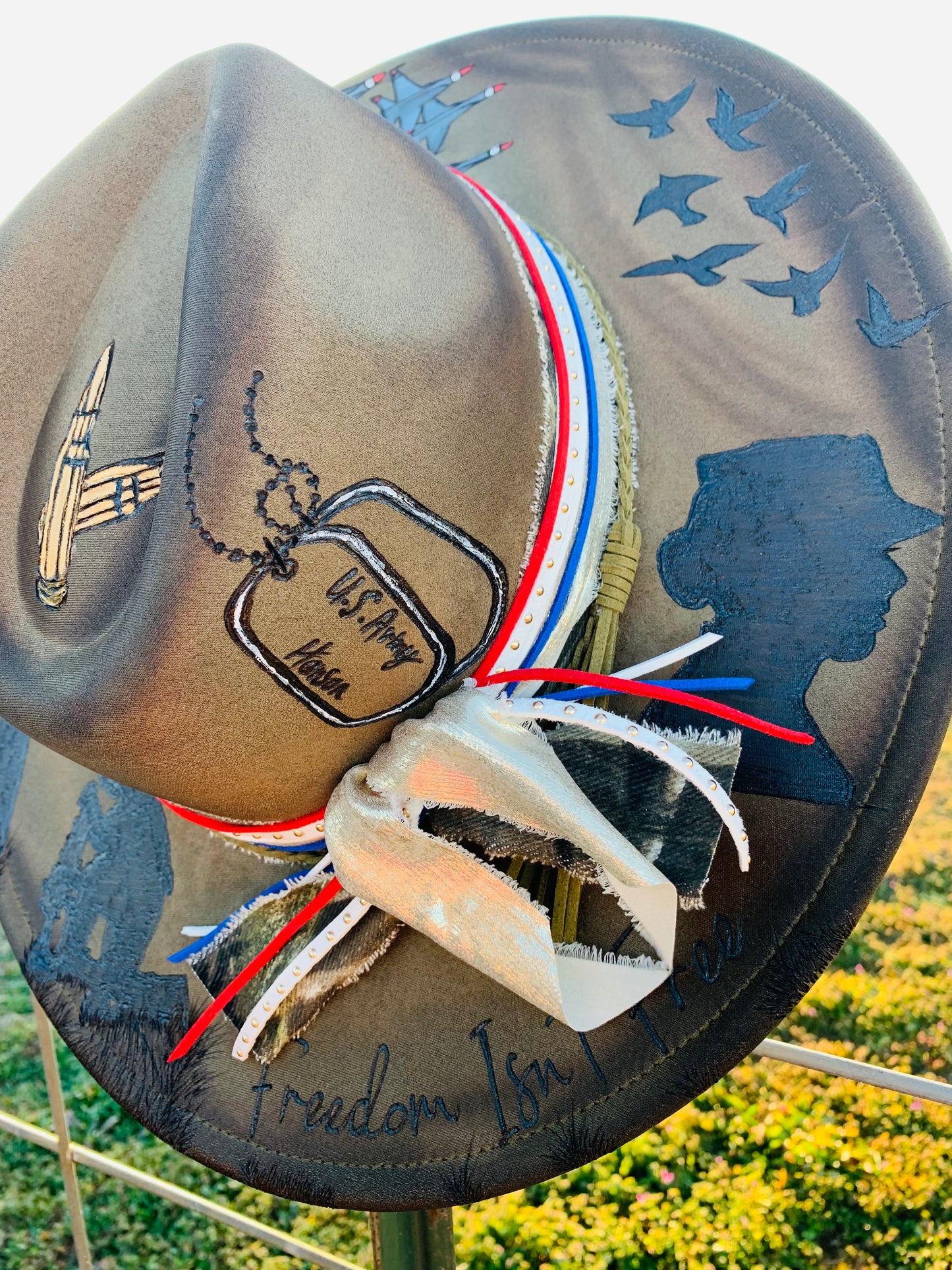 Hand Burned Rancher Hat "U.S. Army" Design
