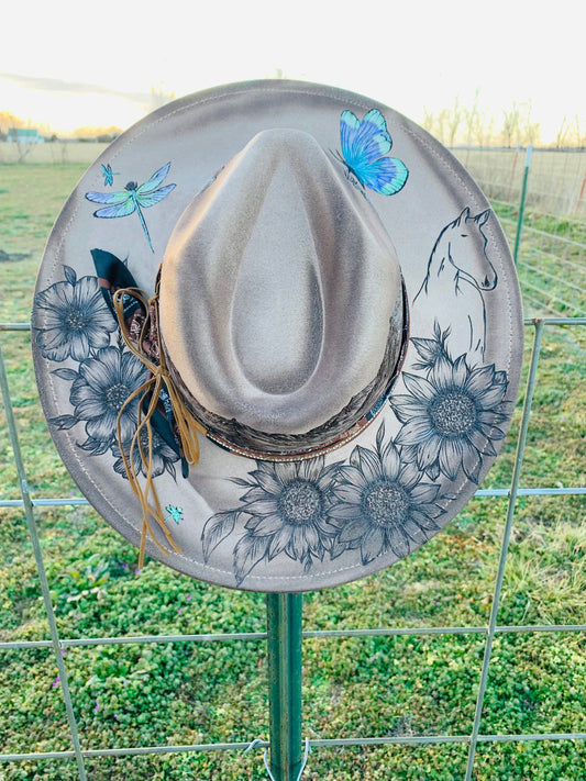 Hand Burned Rancher Hat "Dreaming of the Mountains" Design