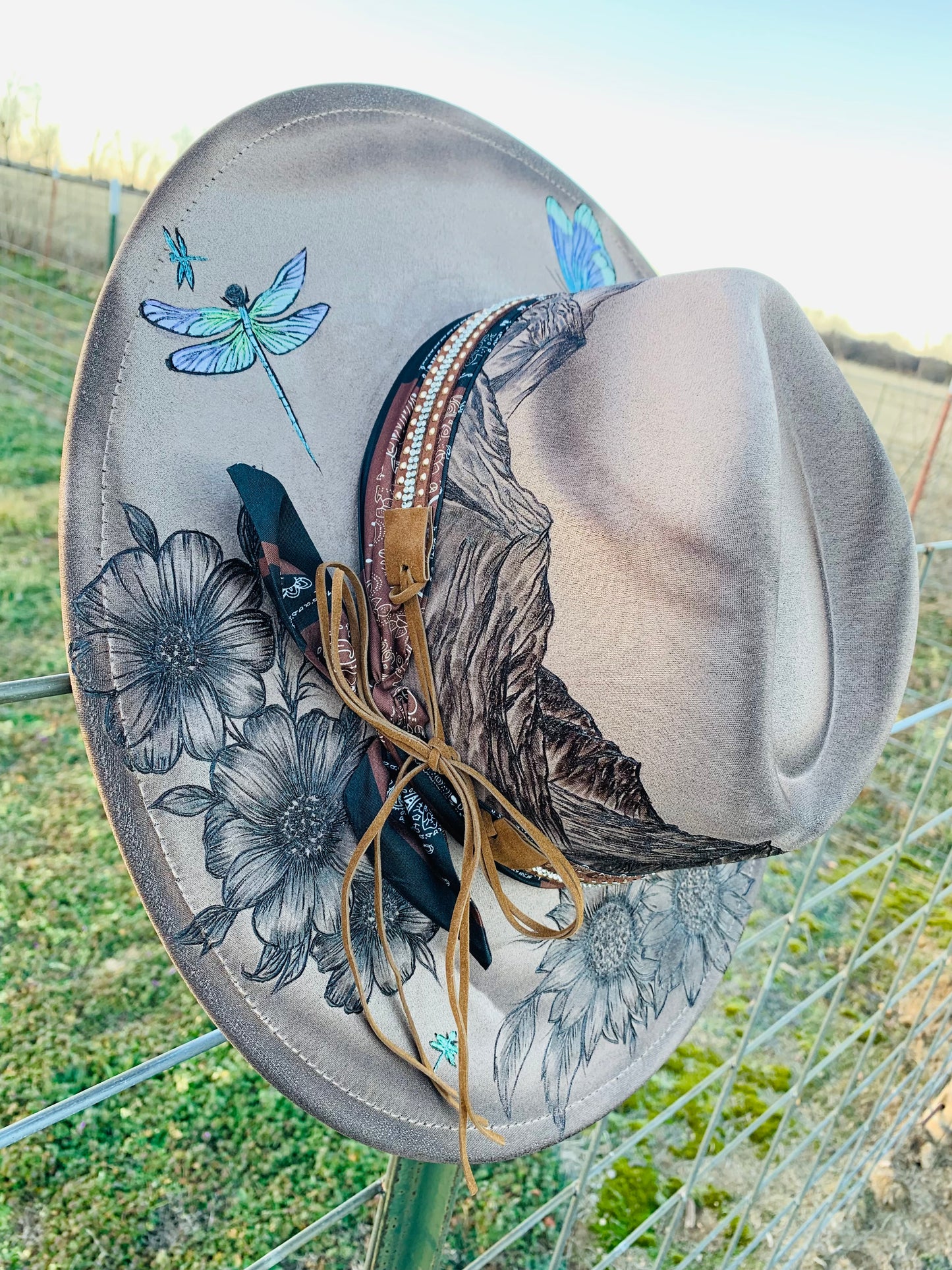 Hand Burned Rancher Hat "Dreaming of the Mountains" Design