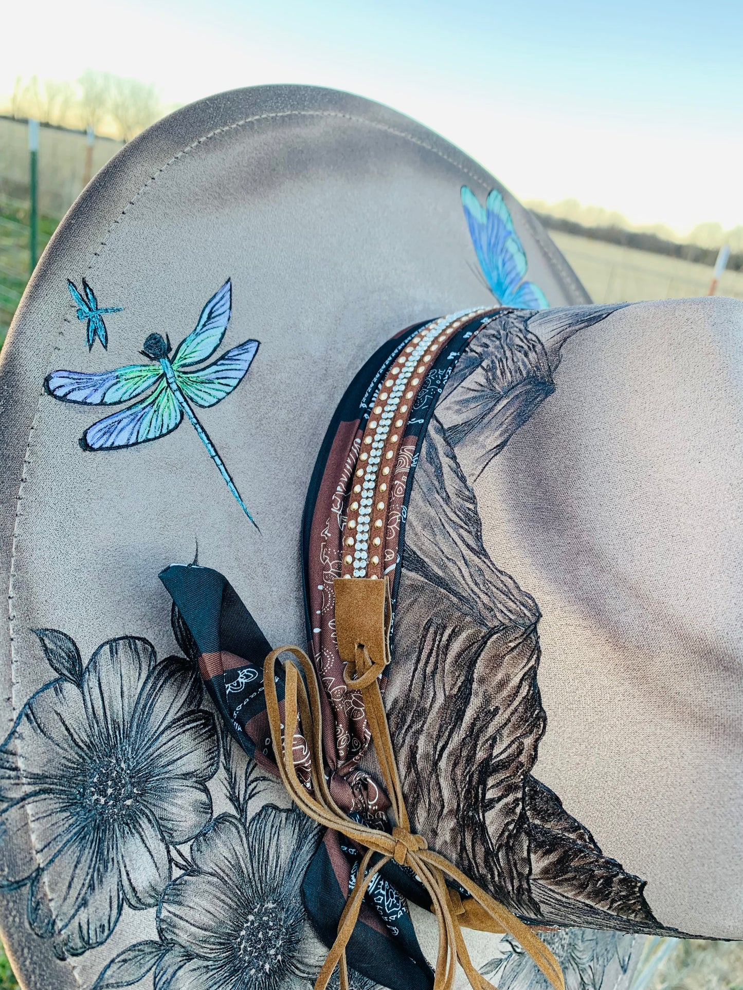 Hand Burned Rancher Hat "Dreaming of the Mountains" Design