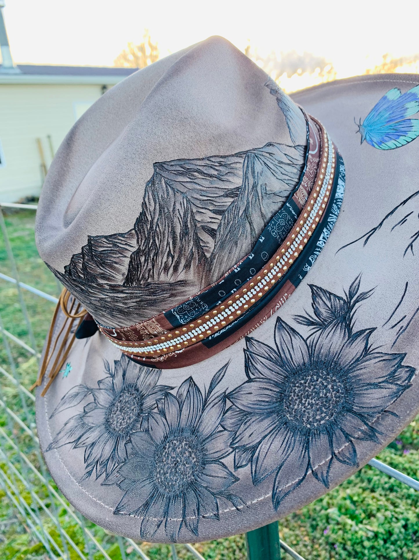 Hand Burned Rancher Hat "Dreaming of the Mountains" Design