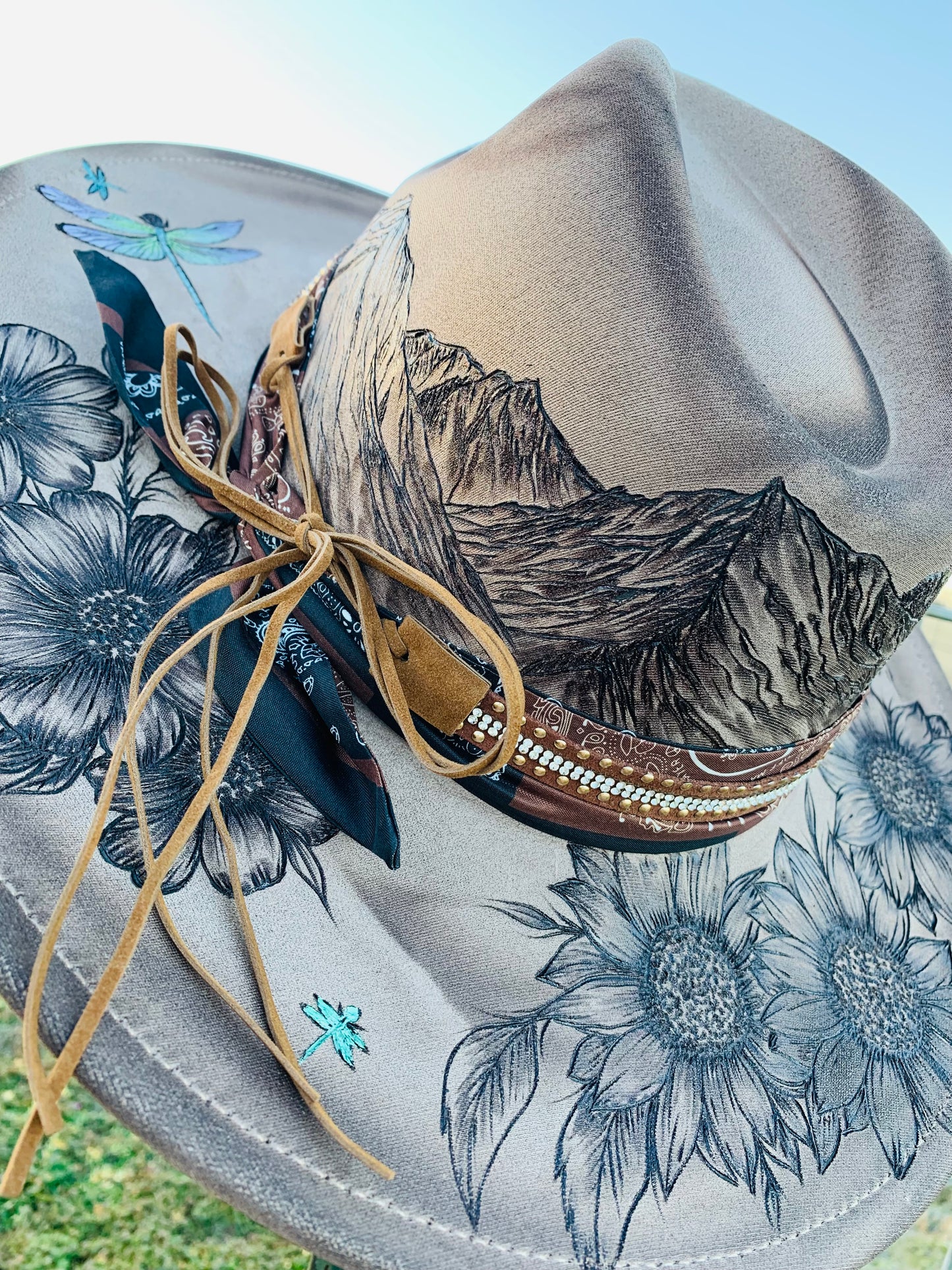 Hand Burned Rancher Hat "Dreaming of the Mountains" Design