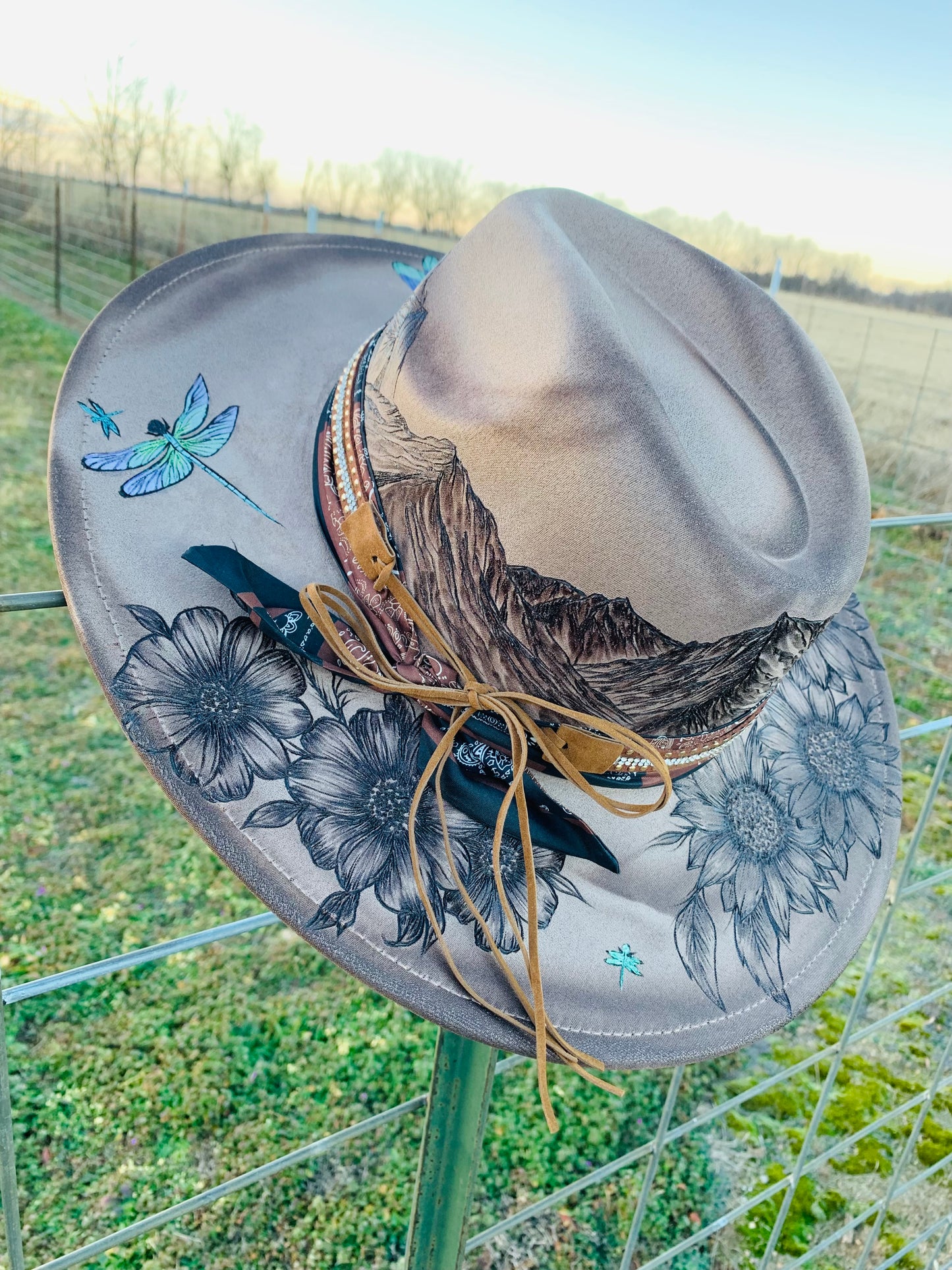 Hand Burned Rancher Hat "Dreaming of the Mountains" Design